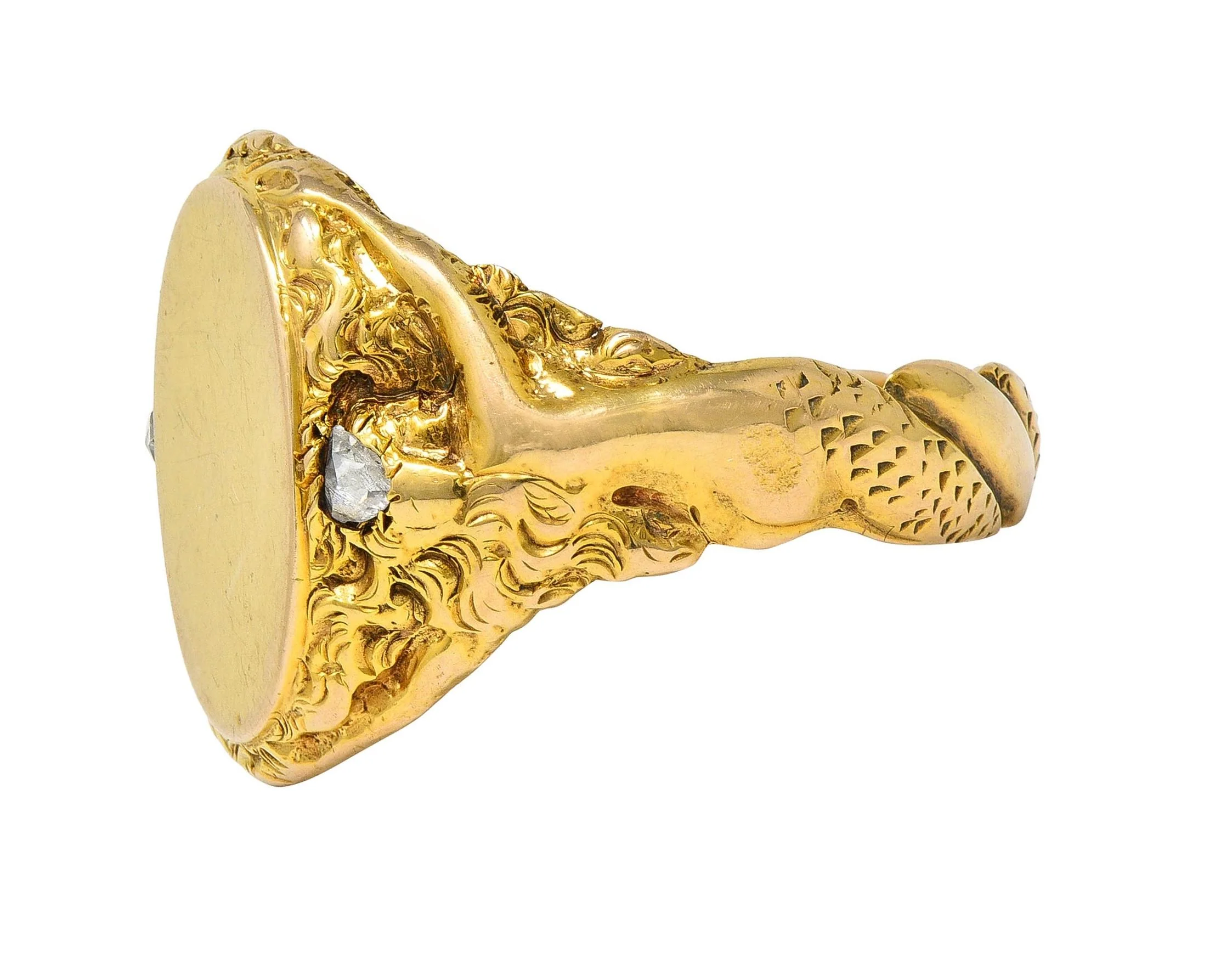 Art Nouveau Diamond 14 Karat Yellow Gold Antique Mermaid Signet Ring - Image 6