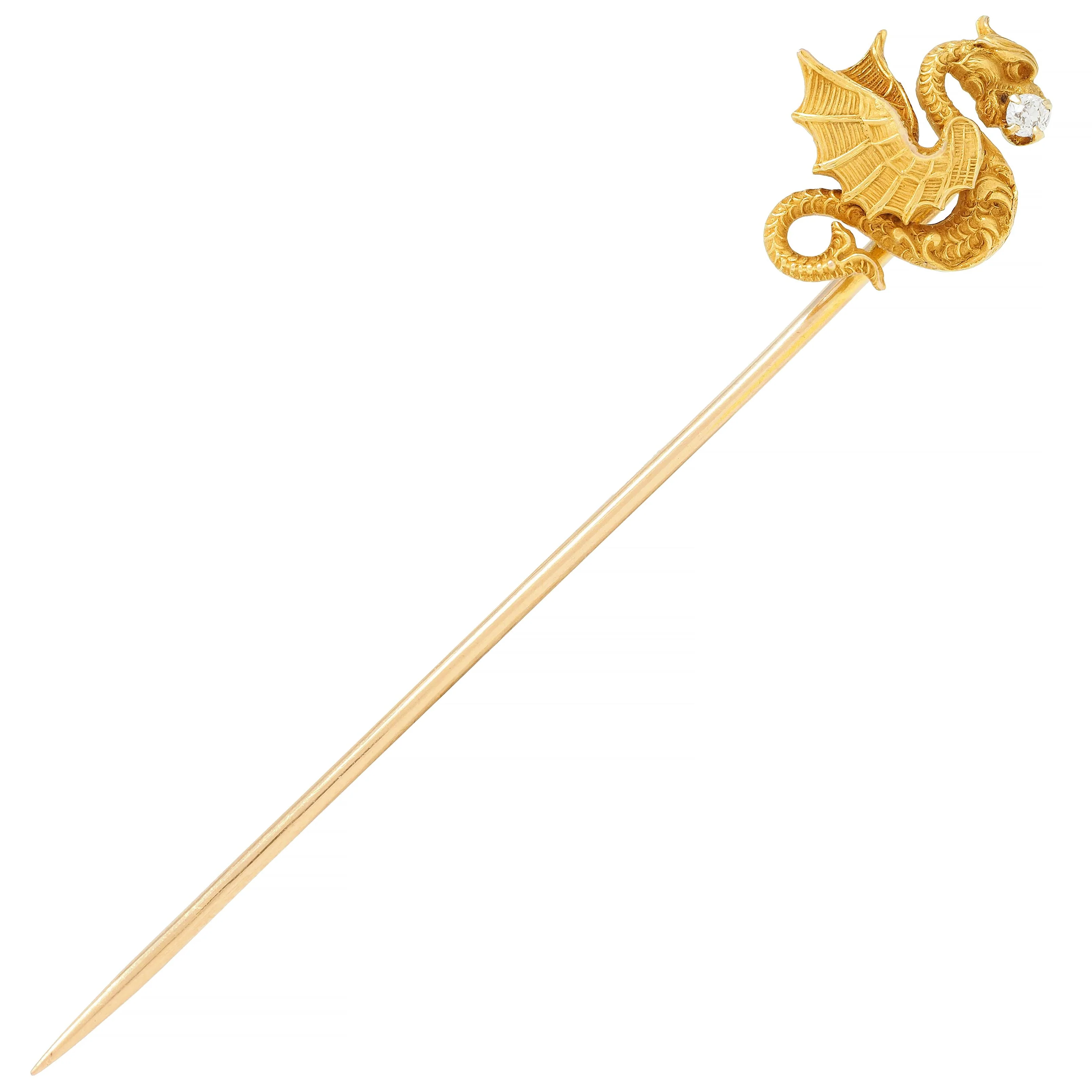 Art Nouveau Diamond 14 Karat Yellow Gold Dragon Antique Stickpin - Image 2