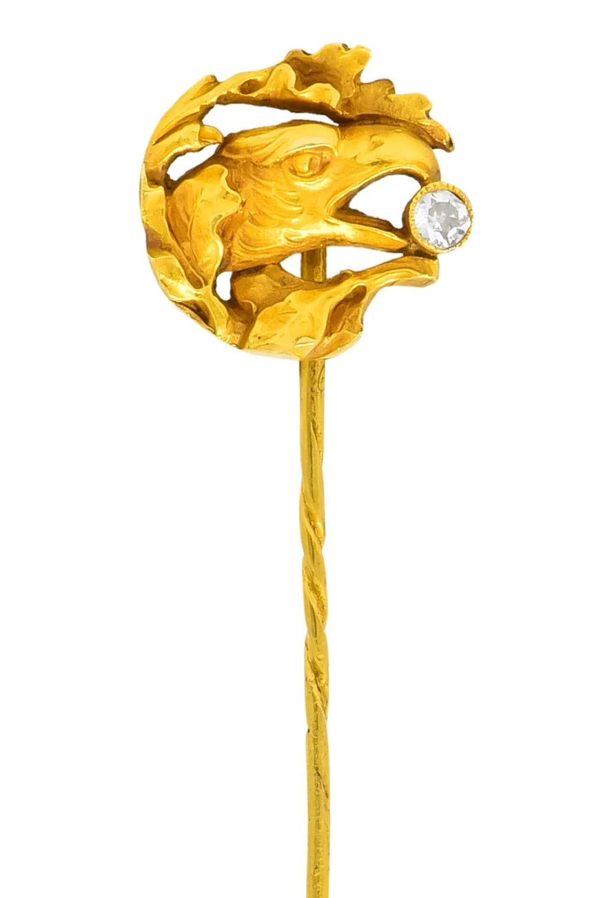 Art Nouveau Diamond 18 Karat Gold Foliate Eagle Stickpin