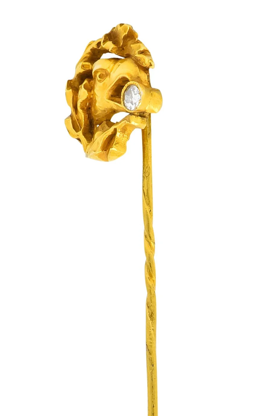 Art Nouveau Diamond 18 Karat Gold Foliate Eagle Stickpin - Image 3