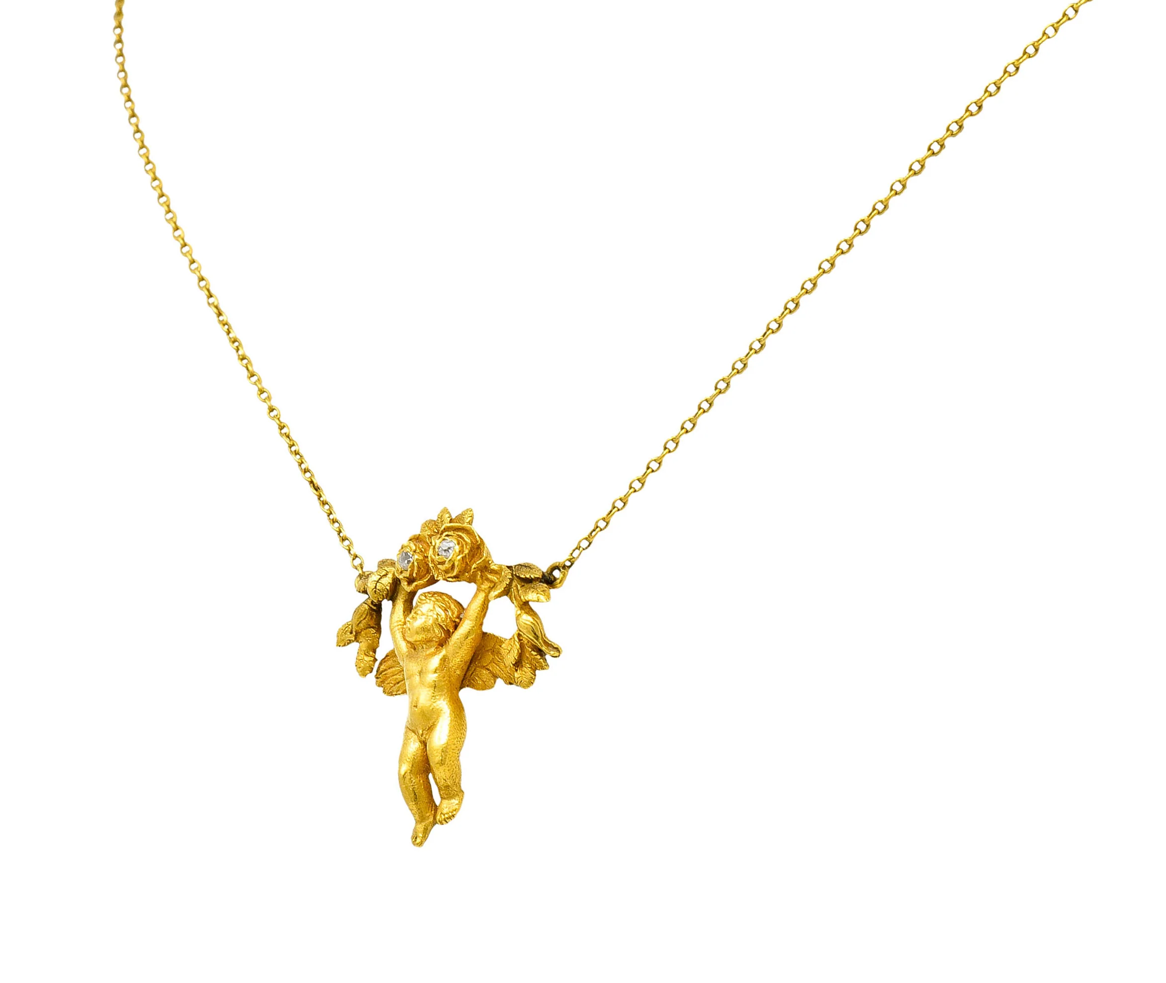 Art Nouveau Diamond 18 Karat Yellow Gold Cherub Station Necklace - Image 4