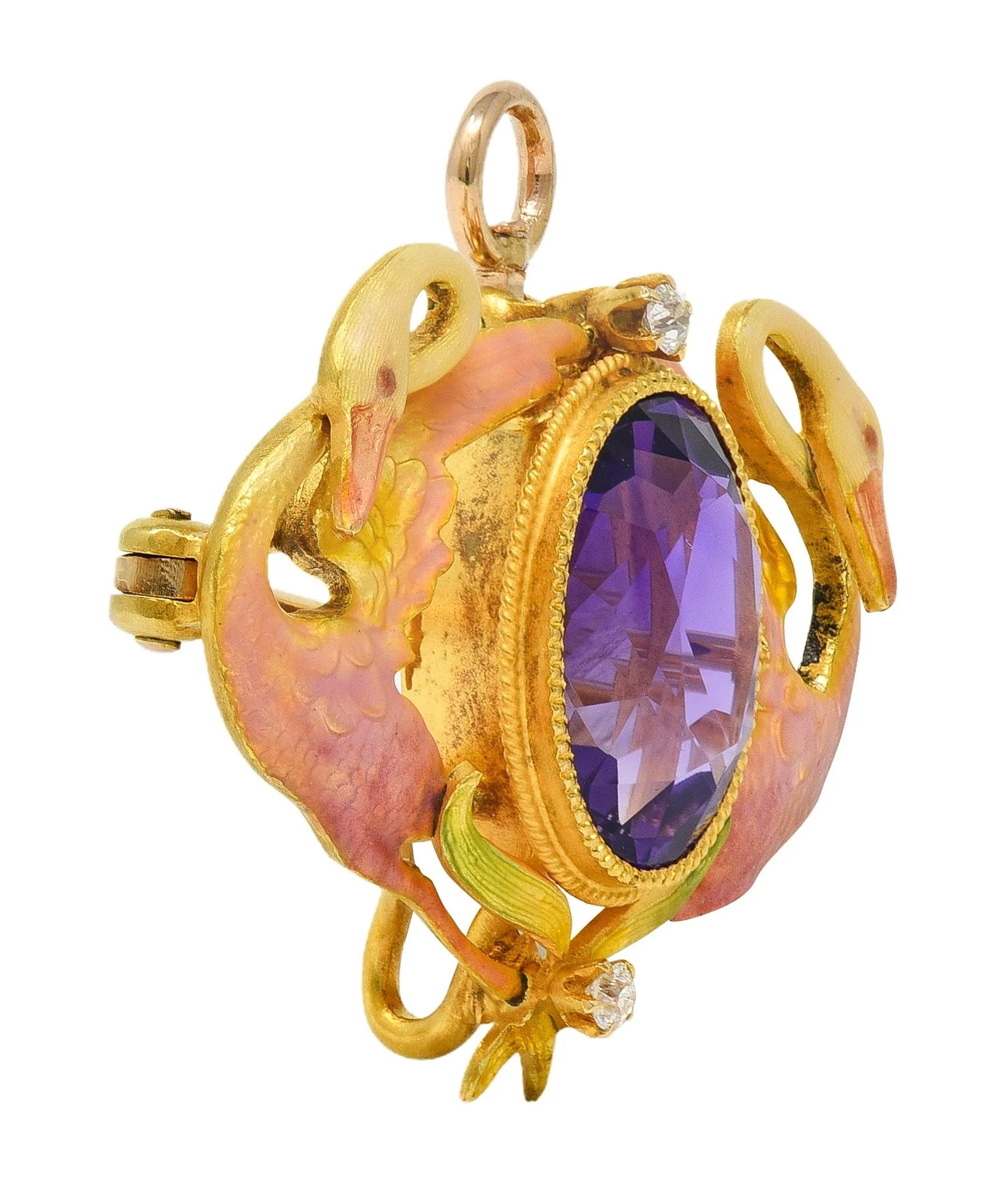 Art Nouveau Diamond Amethyst Enamel 18 Karat Yellow Gold Antique Swan Pendant Brooch - Image 7
