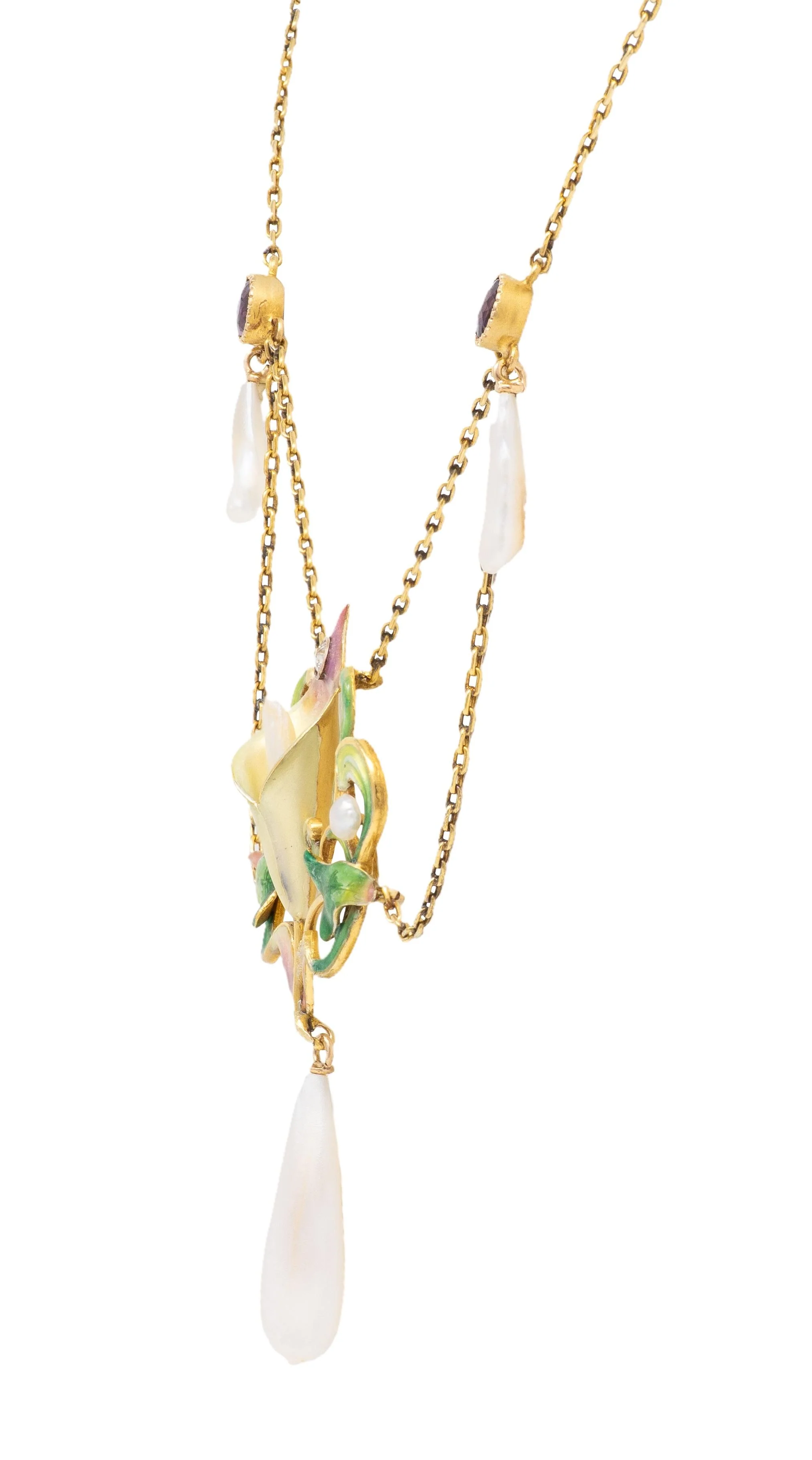 Art Nouveau Diamond Amethyst Pearl 14 Karat Yellow Gold Antique Swagged Calla Lily Necklace - Image 4