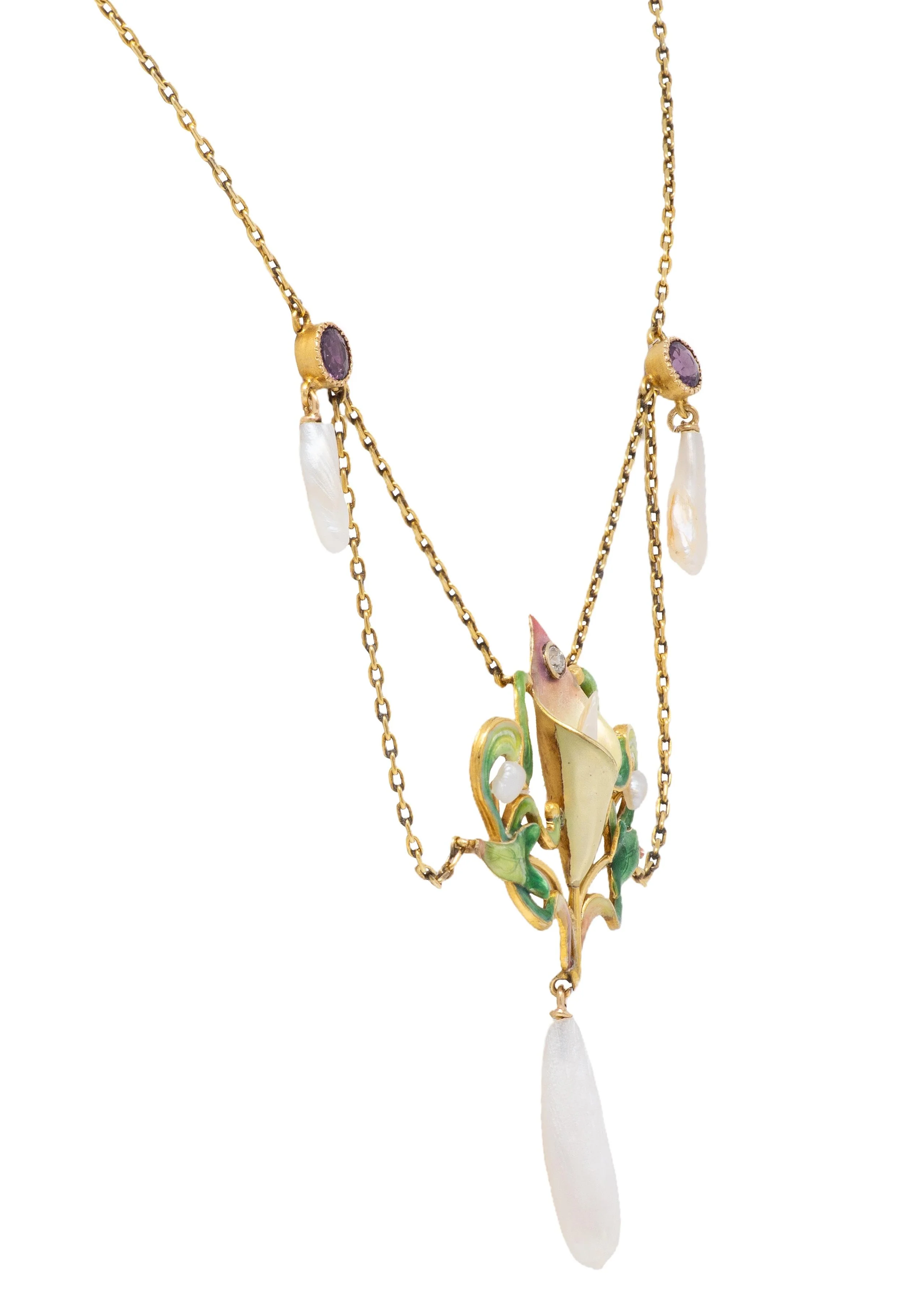 Art Nouveau Diamond Amethyst Pearl 14 Karat Yellow Gold Antique Swagged Calla Lily Necklace - Image 6