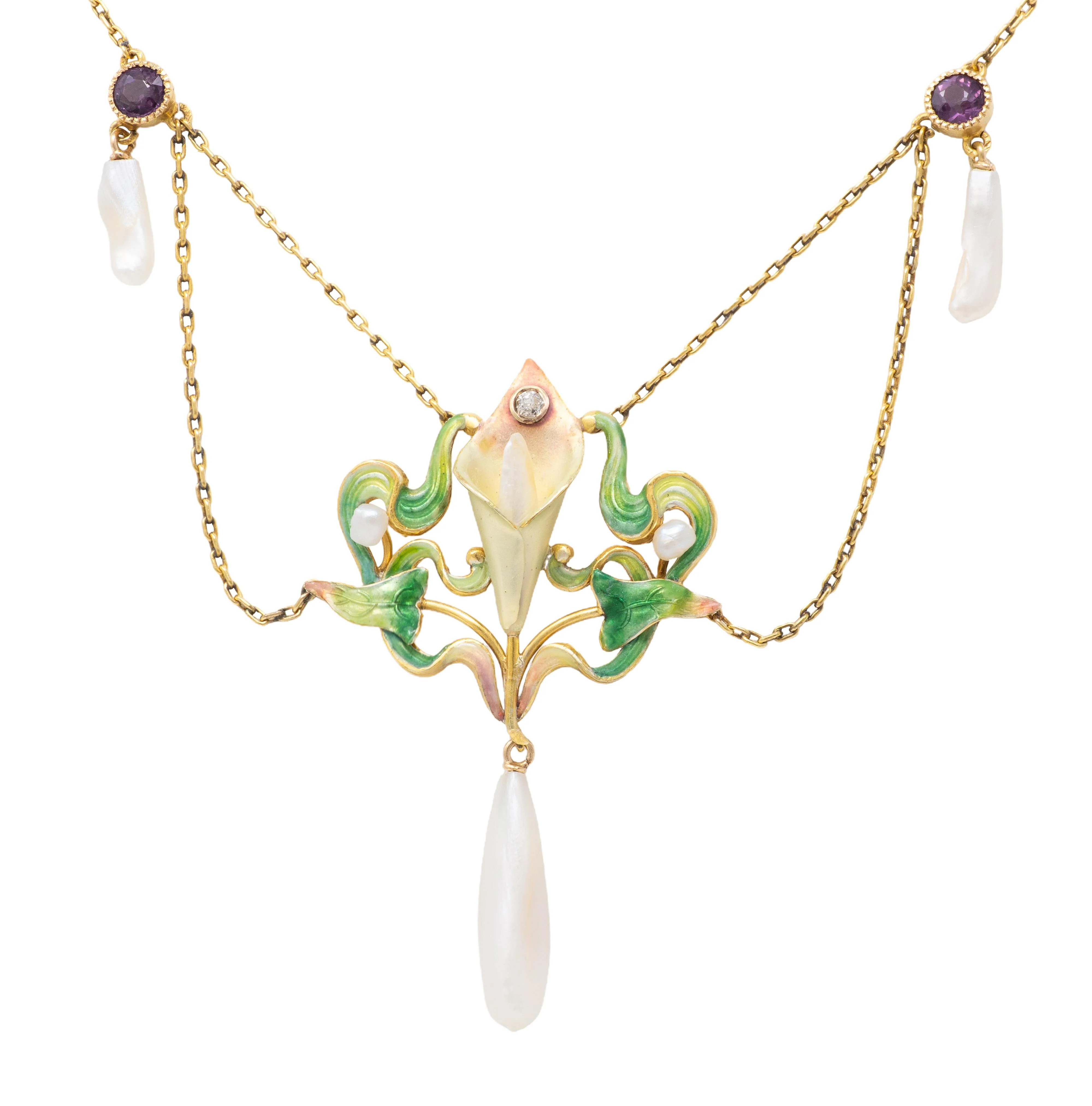 Art Nouveau Diamond Amethyst Pearl 14 Karat Yellow Gold Antique Swagged Calla Lily Necklace - Image 7