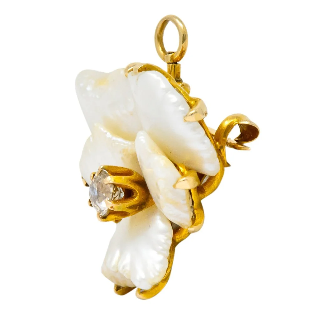 Art Nouveau Diamond Baroque Pearl 14 Karat Gold Pansy Flower Pendant Brooch - Image 2