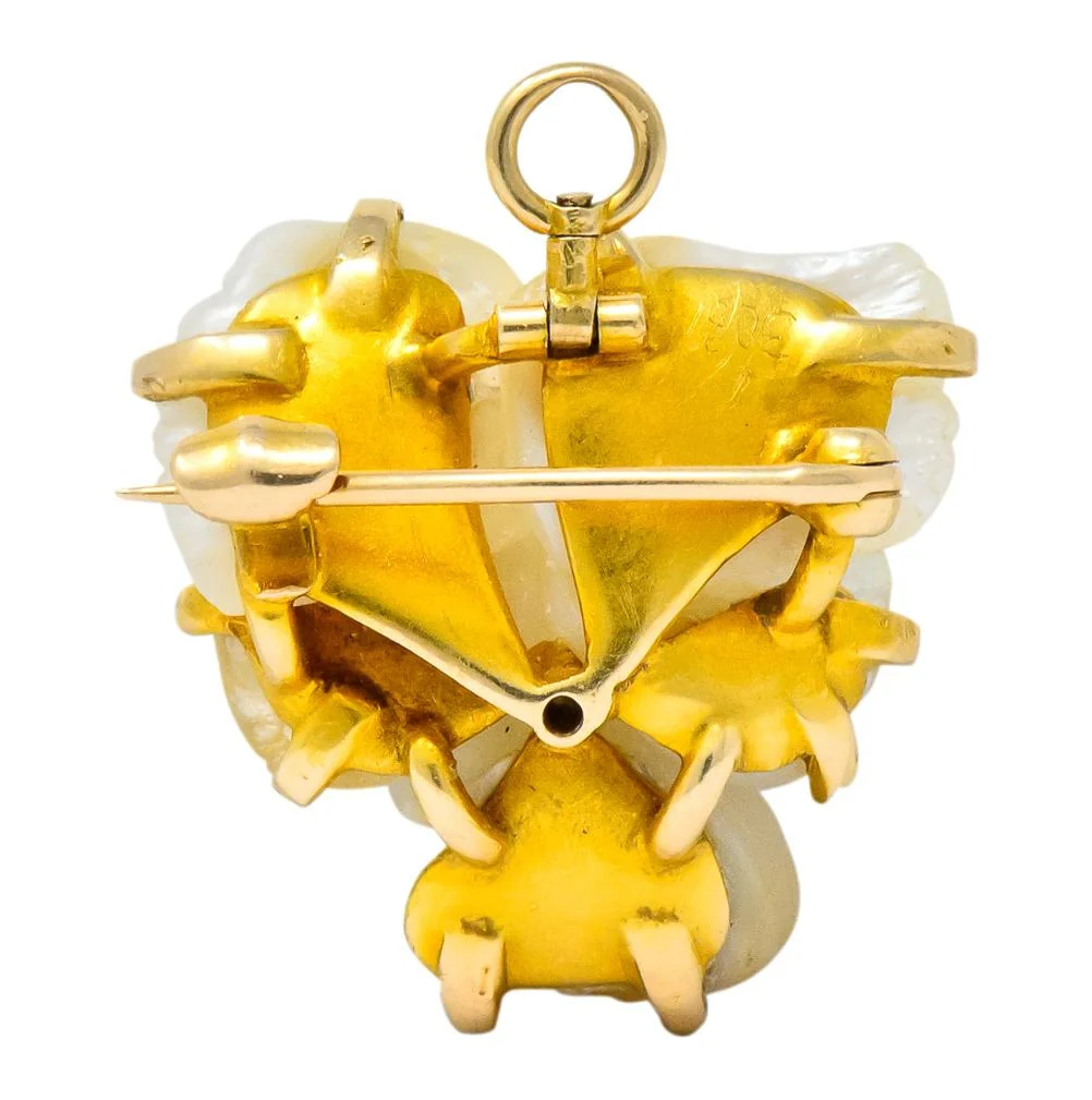 Art Nouveau Diamond Baroque Pearl 14 Karat Gold Pansy Flower Pendant Brooch - Image 4