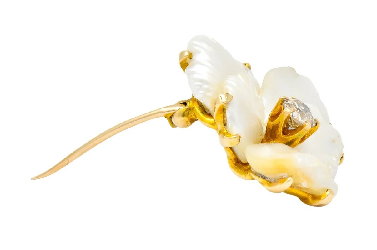 Art Nouveau Diamond Baroque Pearl 14 Karat Gold Pansy Flower Pendant Brooch - Image 7