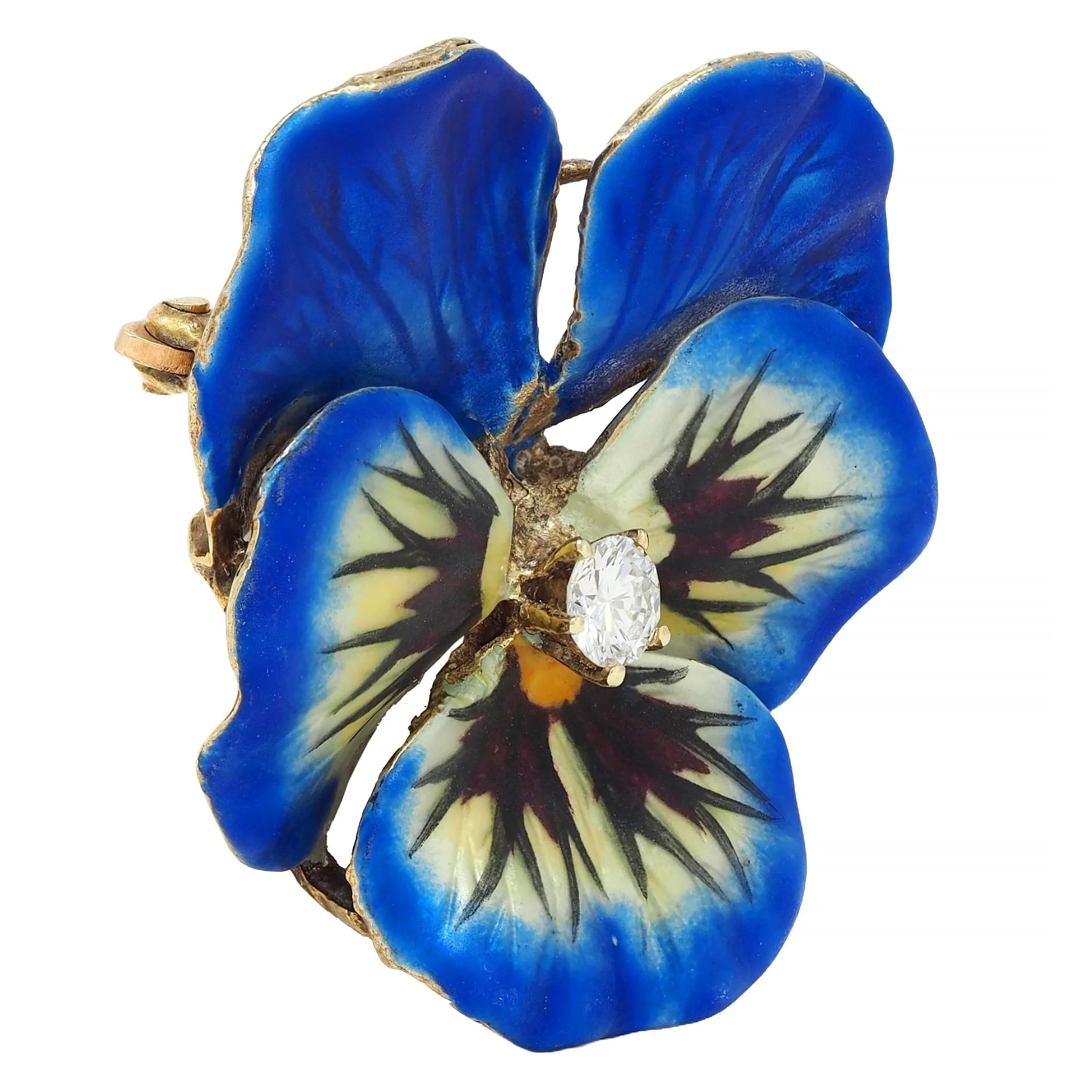 Art Nouveau Diamond Blue Enamel 14 Karat Yellow Gold Antique Pansy Pendant Brooch - Image 2