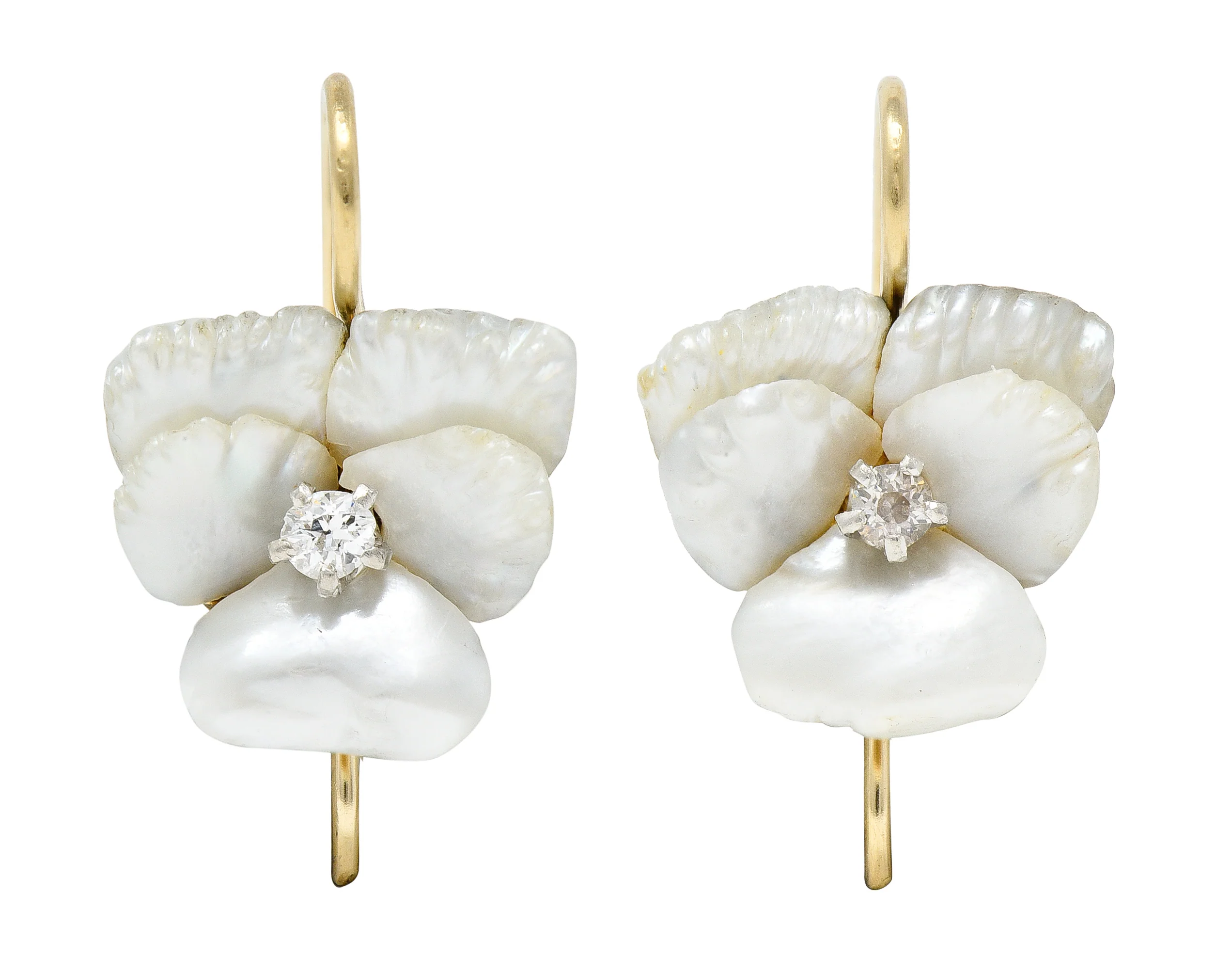 Art Nouveau Diamond Carved Mother-Of-Pearl 14 Karat Yellow Gold Pansy Antique Floral Earrings