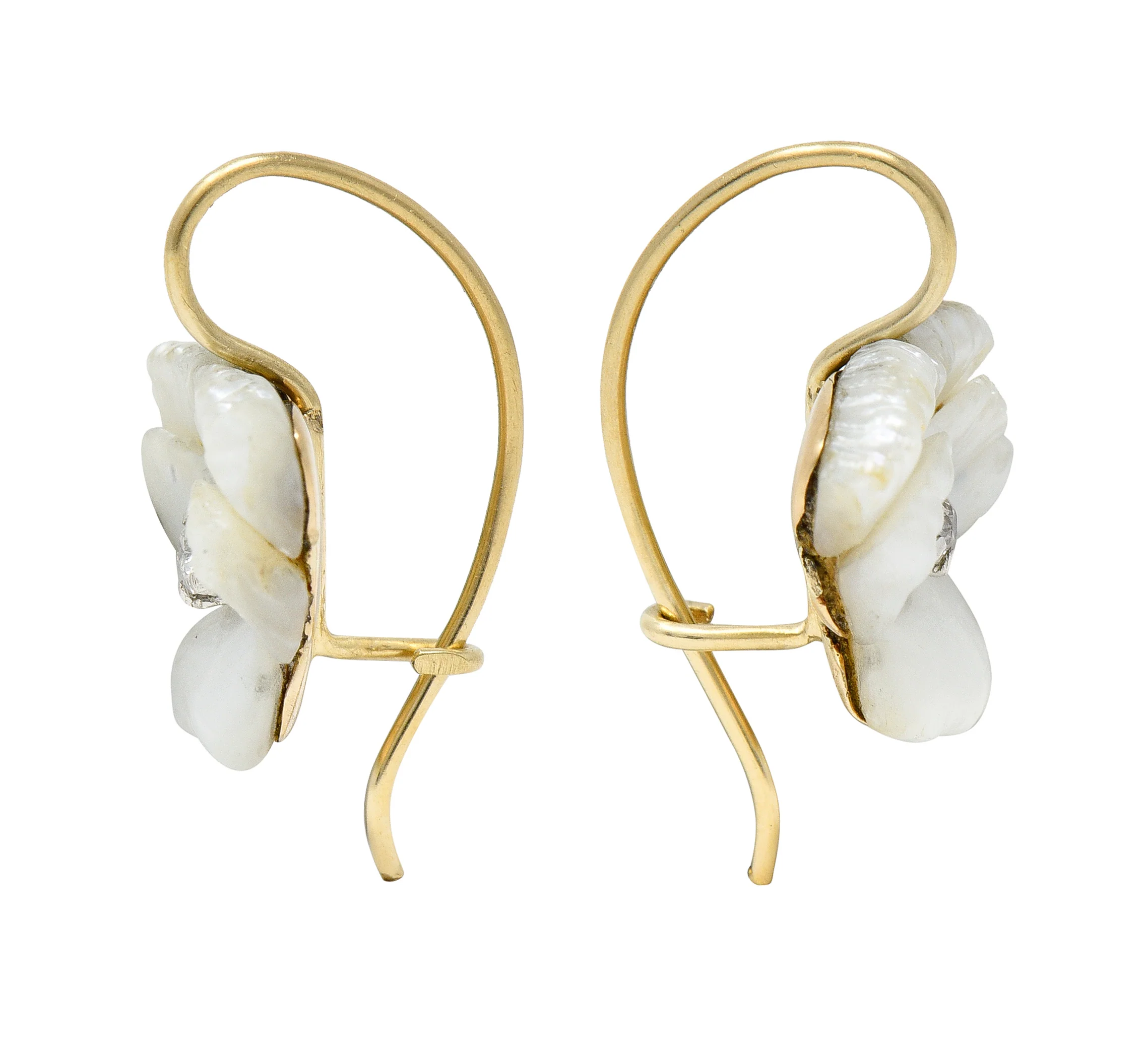Art Nouveau Diamond Carved Mother-Of-Pearl 14 Karat Yellow Gold Pansy Antique Floral Earrings - Image 2