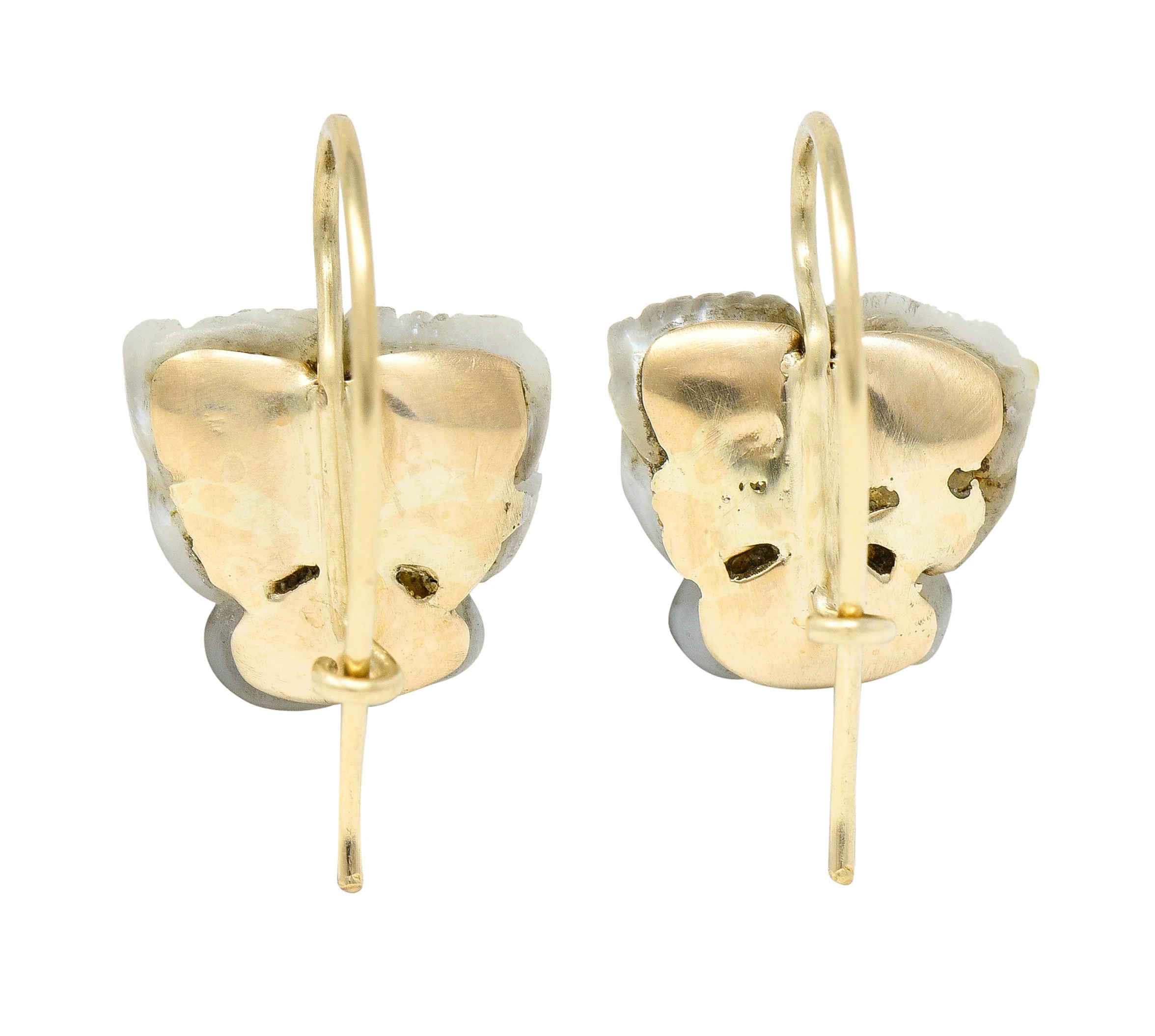 Art Nouveau Diamond Carved Mother-Of-Pearl 14 Karat Yellow Gold Pansy Antique Floral Earrings - Image 3