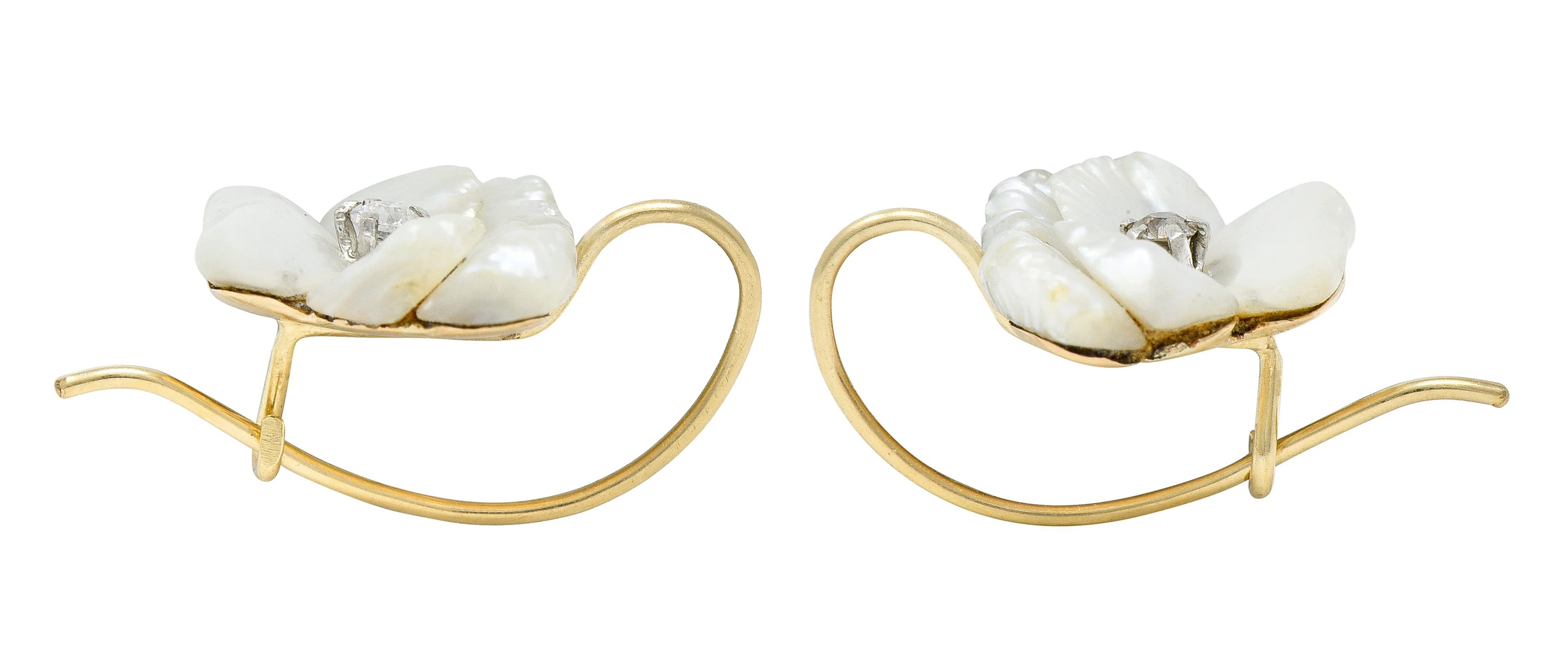 Art Nouveau Diamond Carved Mother-Of-Pearl 14 Karat Yellow Gold Pansy Antique Floral Earrings - Image 4