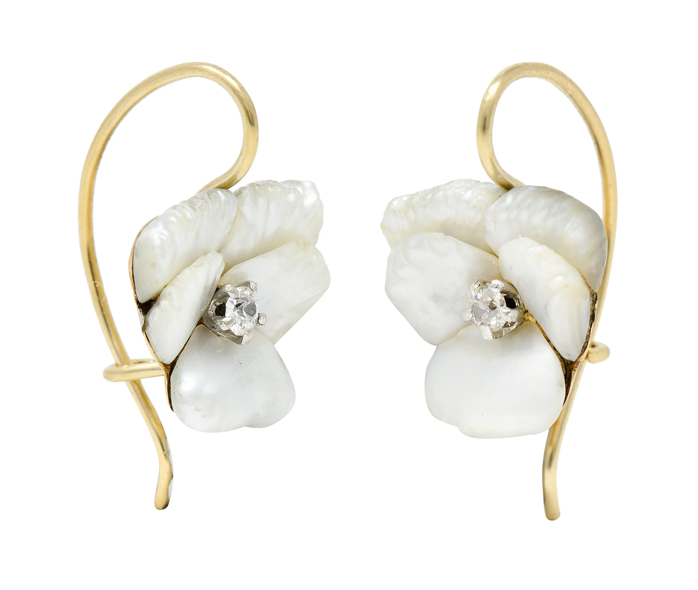 Art Nouveau Diamond Carved Mother-Of-Pearl 14 Karat Yellow Gold Pansy Antique Floral Earrings - Image 5