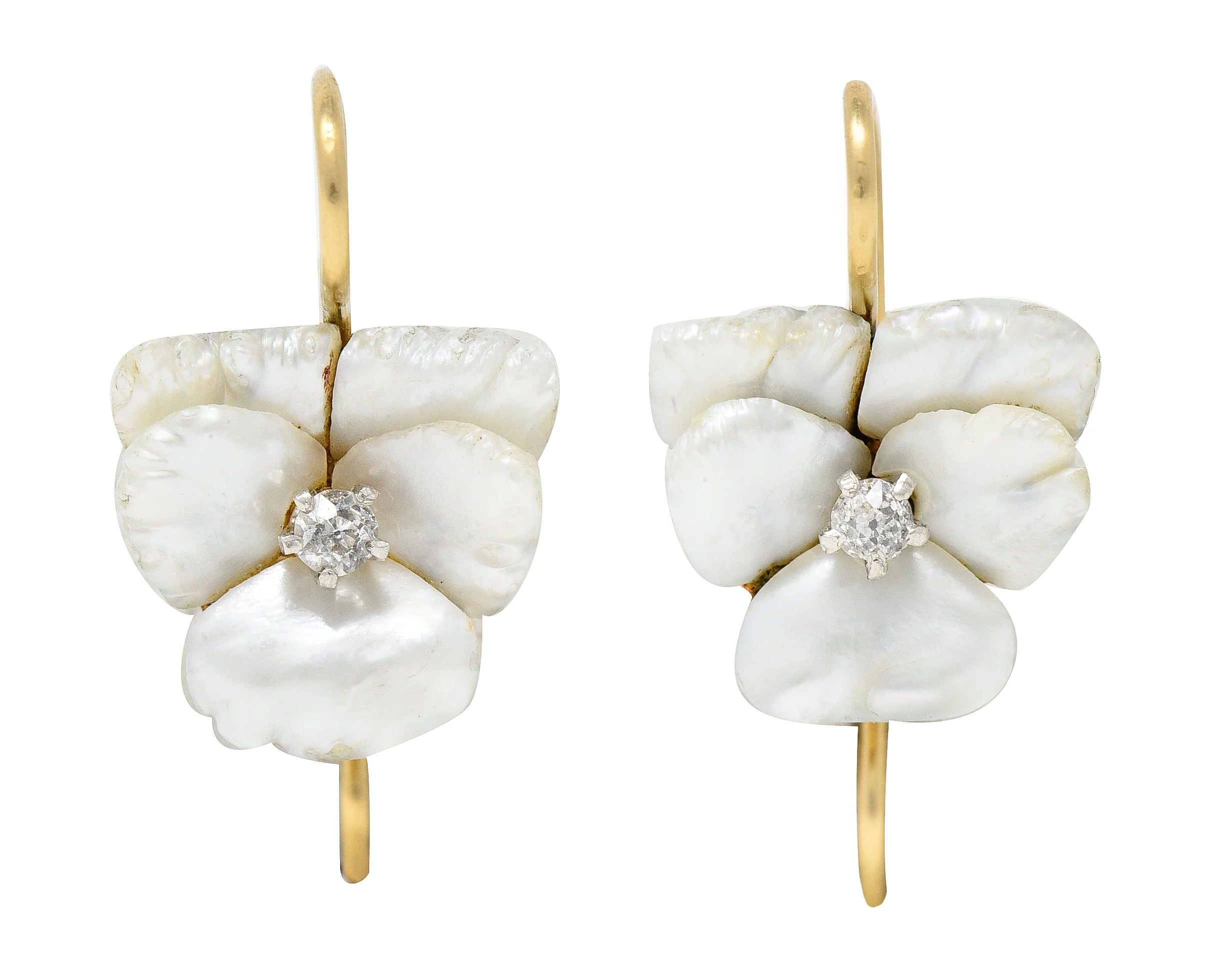 Art Nouveau Diamond Carved Mother-Of-Pearl 14 Karat Yellow Gold Pansy Antique Floral Earrings