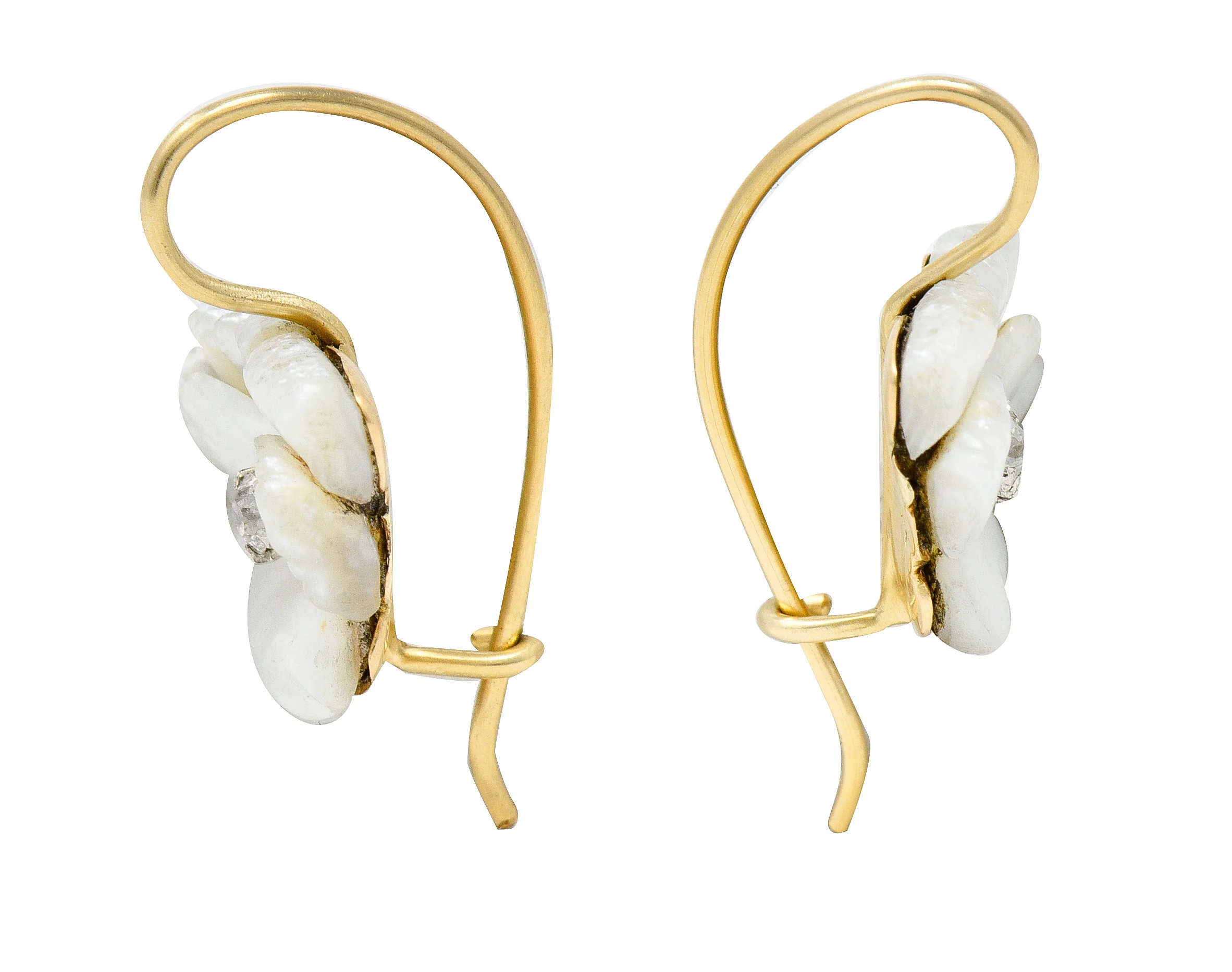 Art Nouveau Diamond Carved Mother-Of-Pearl 14 Karat Yellow Gold Pansy Antique Floral Earrings - Image 2