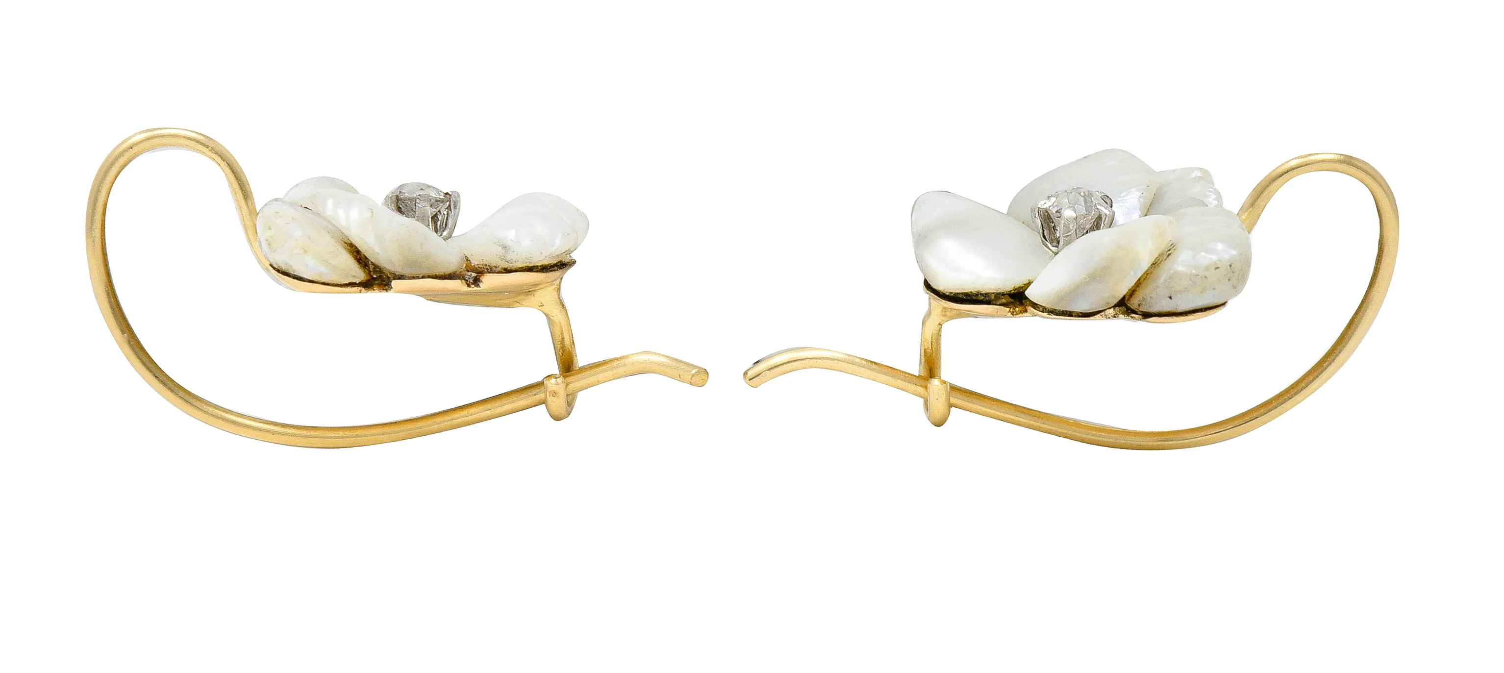 Art Nouveau Diamond Carved Mother-Of-Pearl 14 Karat Yellow Gold Pansy Antique Floral Earrings - Image 4