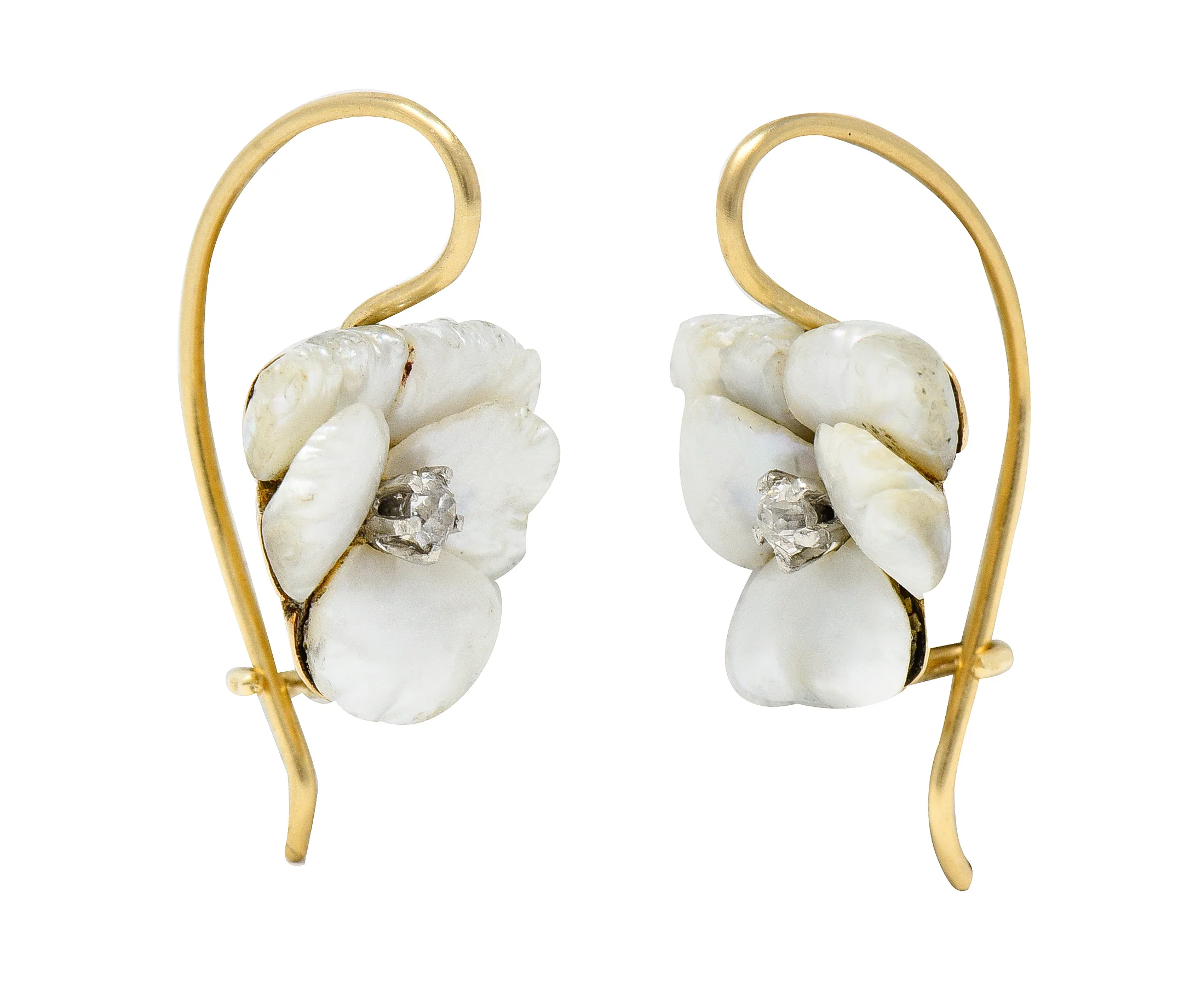 Art Nouveau Diamond Carved Mother-Of-Pearl 14 Karat Yellow Gold Pansy Antique Floral Earrings - Image 6