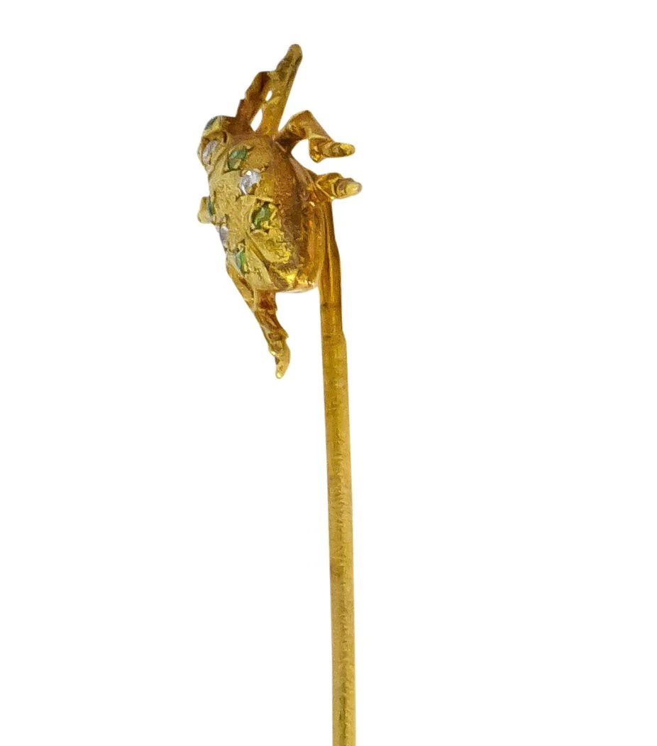 Art Nouveau Diamond Demantoid Garnet 14 Karat Gold Insect Bug Stickpin - Image 3