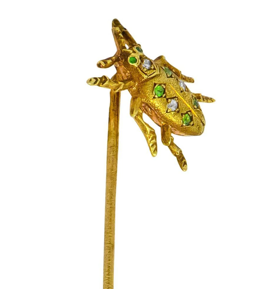 Art Nouveau Diamond Demantoid Garnet 14 Karat Gold Insect Bug Stickpin - Image 5