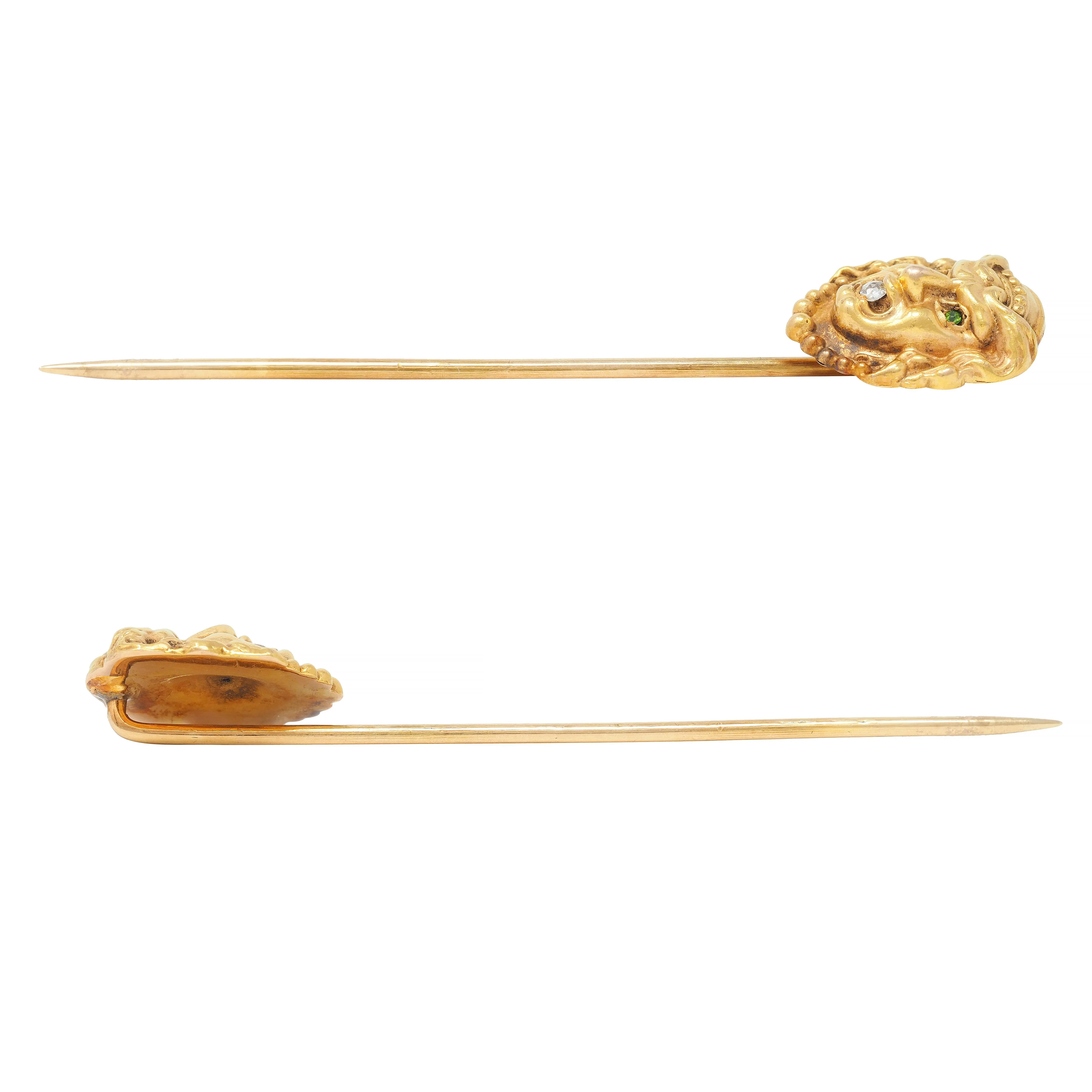 Art Nouveau Diamond Demantoid Garnet 14 Karat Yellow Gold Gorgon Stickpin - Image 6