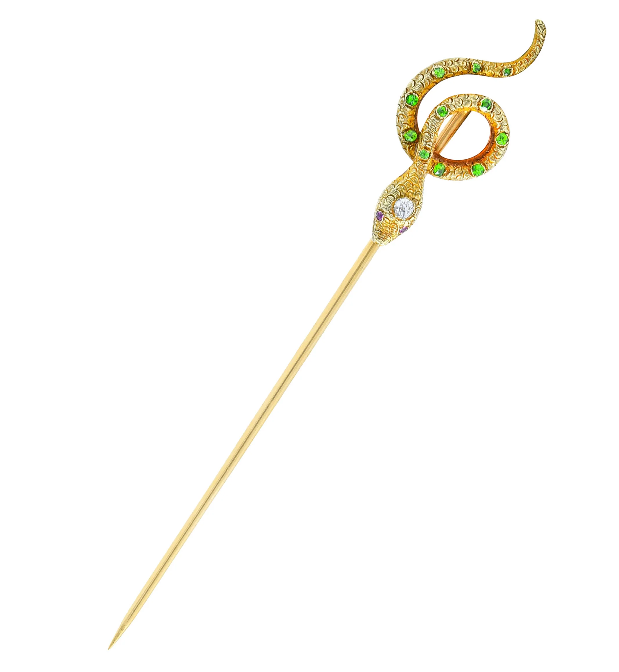 Art Nouveau Diamond Demantoid Garnet 18 Karat Gold Snake Stickpin - Image 2