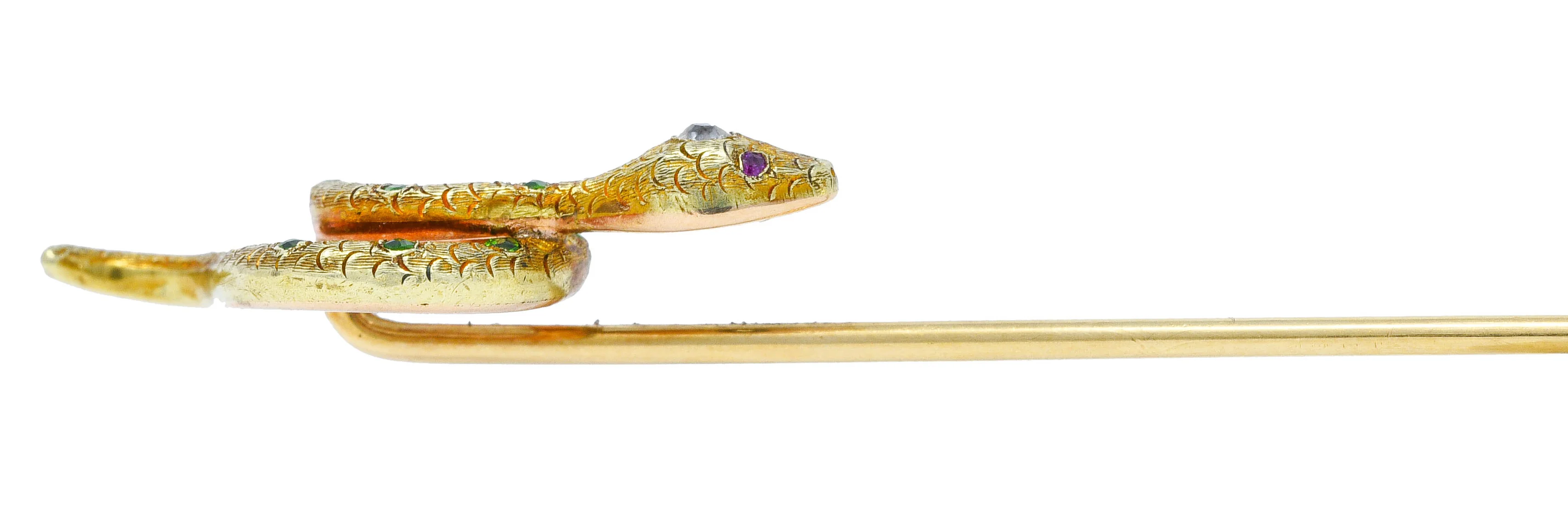 Art Nouveau Diamond Demantoid Garnet 18 Karat Gold Snake Stickpin - Image 5