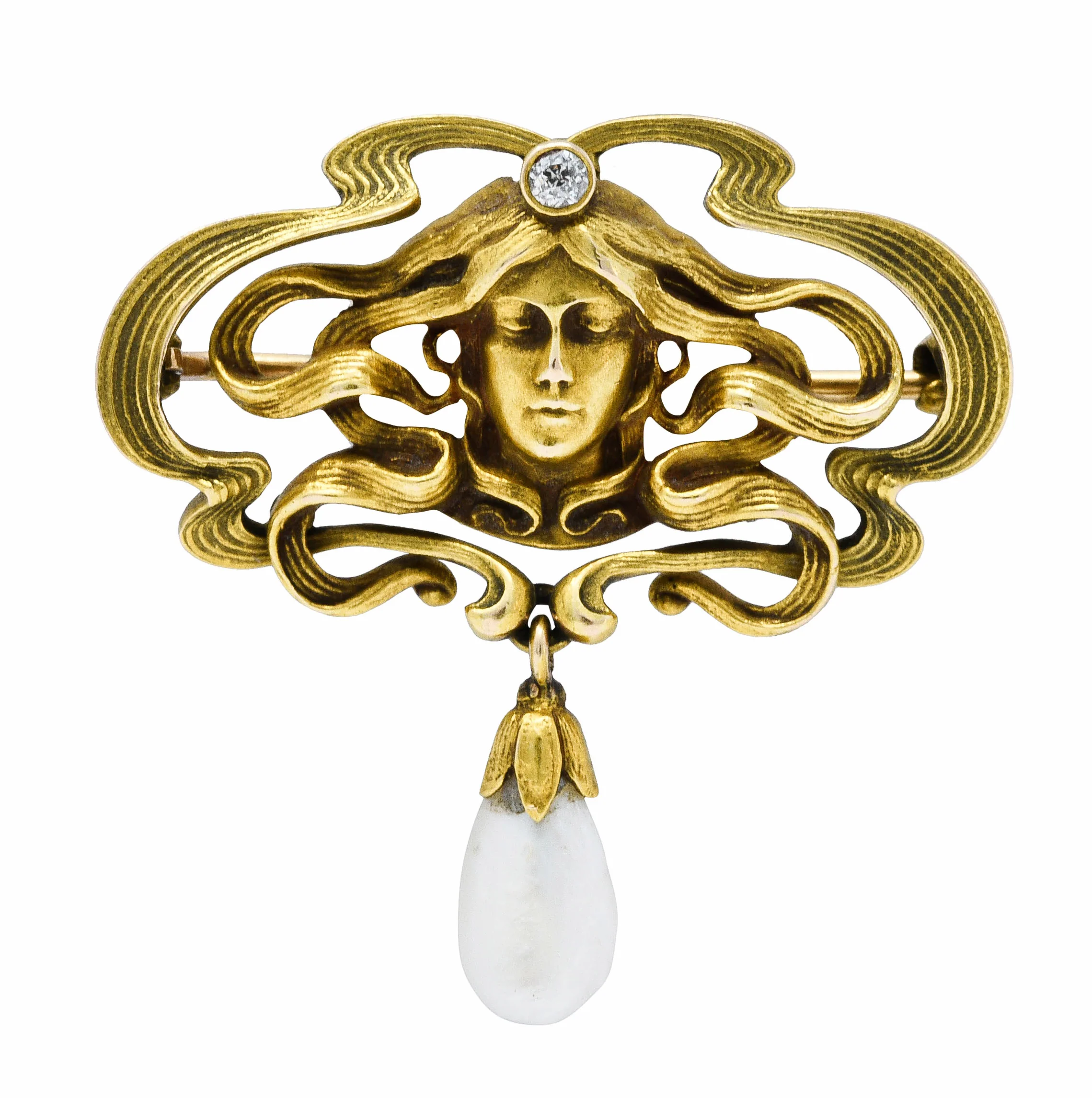 Art Nouveau Diamond Dogtooth Pearl 14 Karat Gold Goddess Brooch