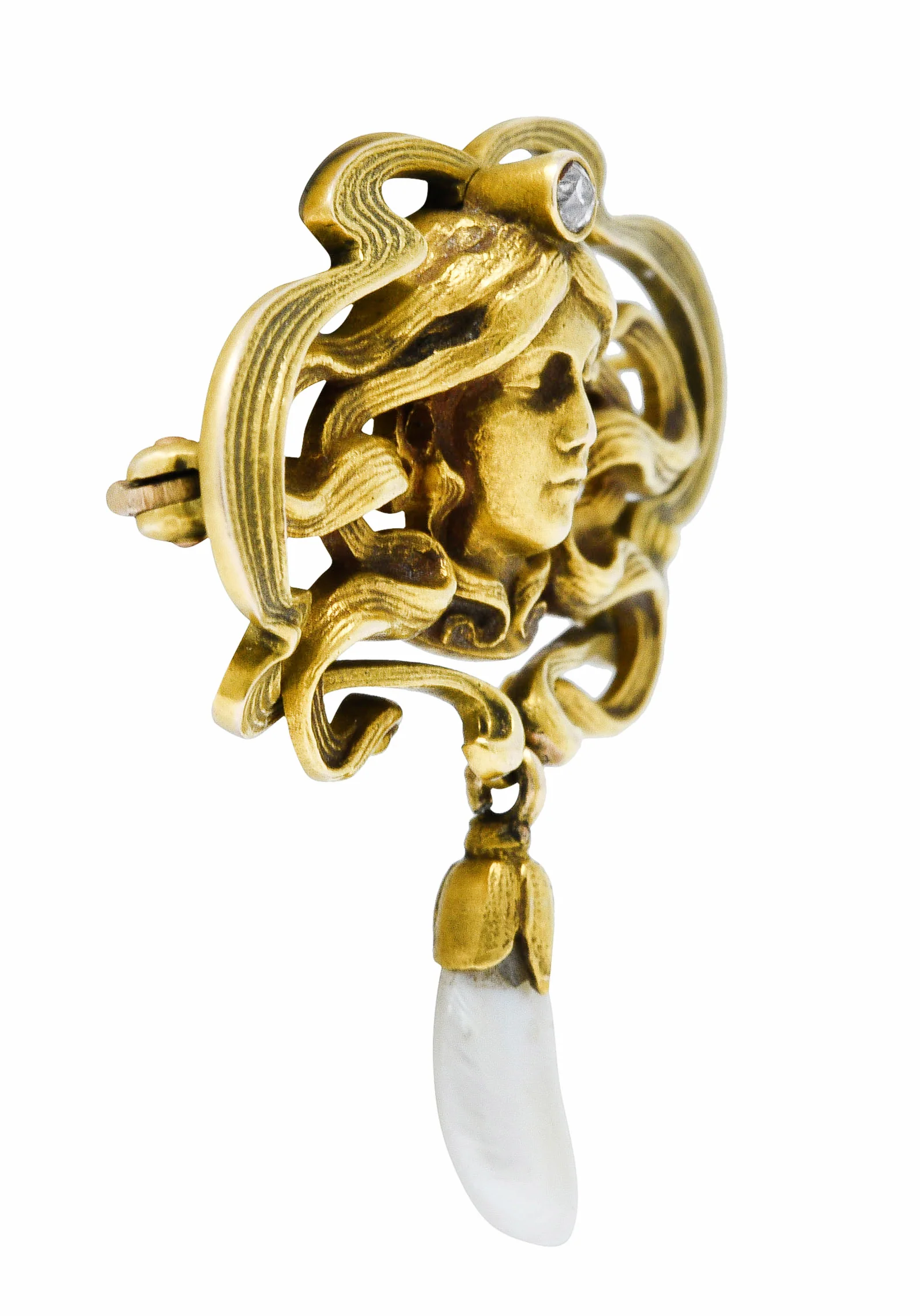 Art Nouveau Diamond Dogtooth Pearl 14 Karat Gold Goddess Brooch - Image 2