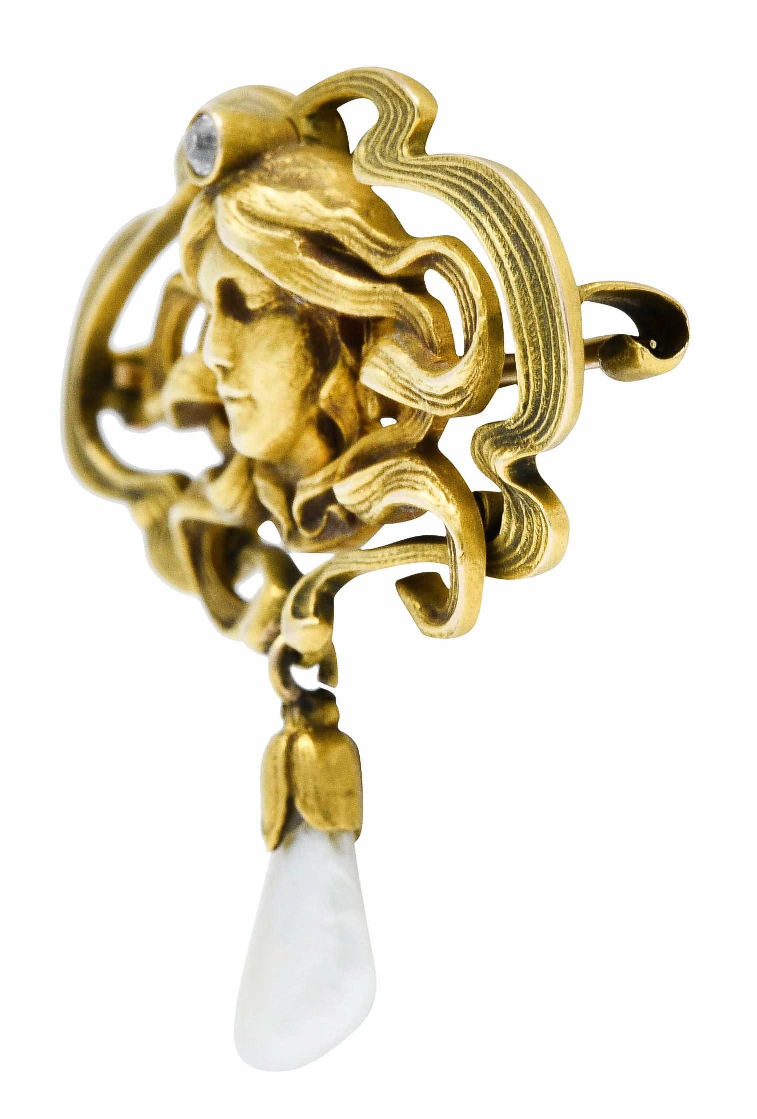 Art Nouveau Diamond Dogtooth Pearl 14 Karat Gold Goddess Brooch - Image 4