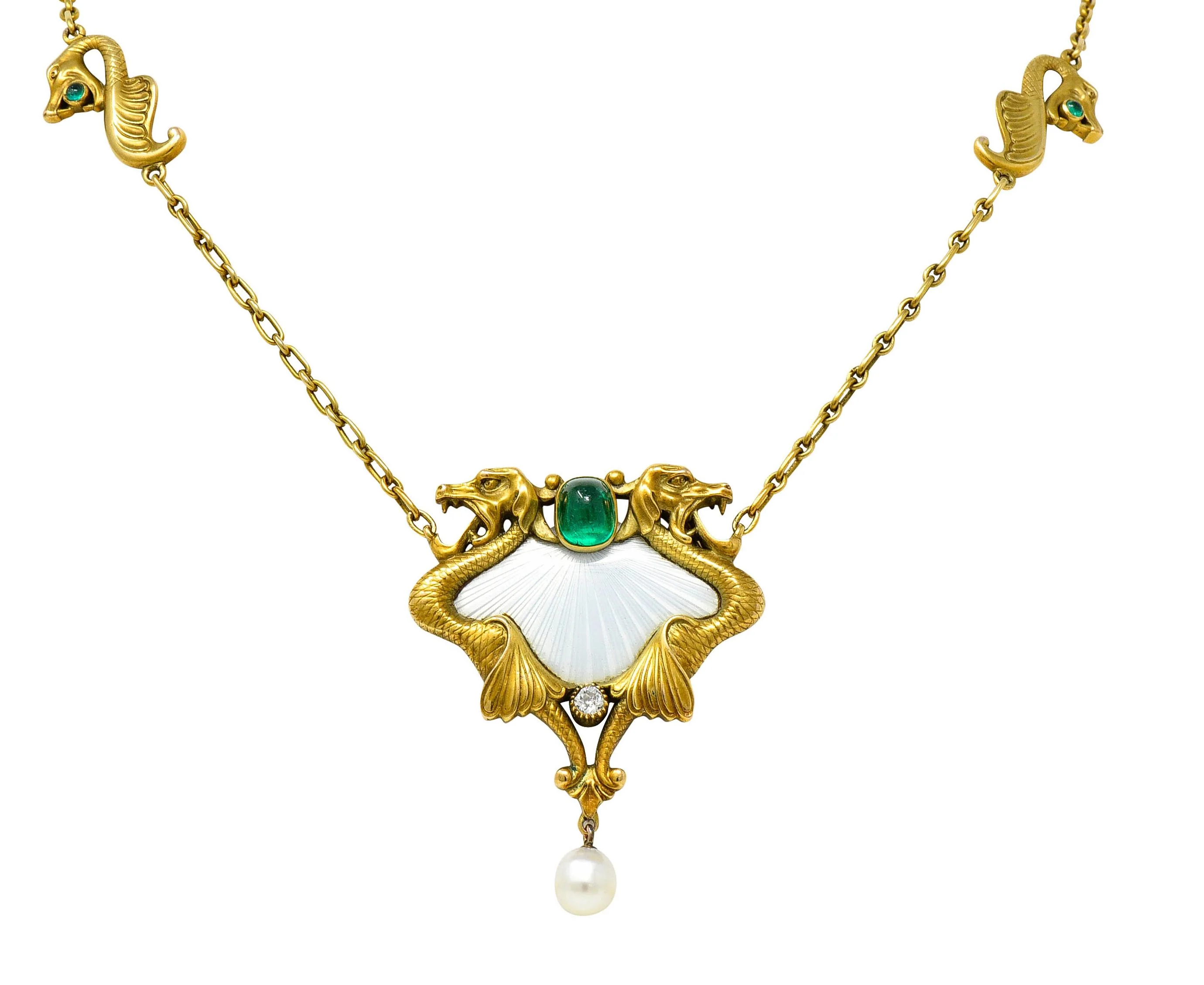 Art Nouveau Diamond Emerald Enamel Pearl 14 Karat Yellow Gold Antique Dragon Necklace - Image 4