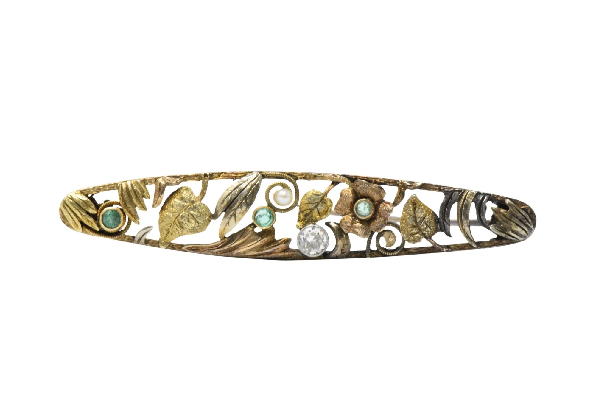 Art Nouveau Diamond, Emerald & Pearl 14K Tri-Color Gold Bar Brooch - Image 3