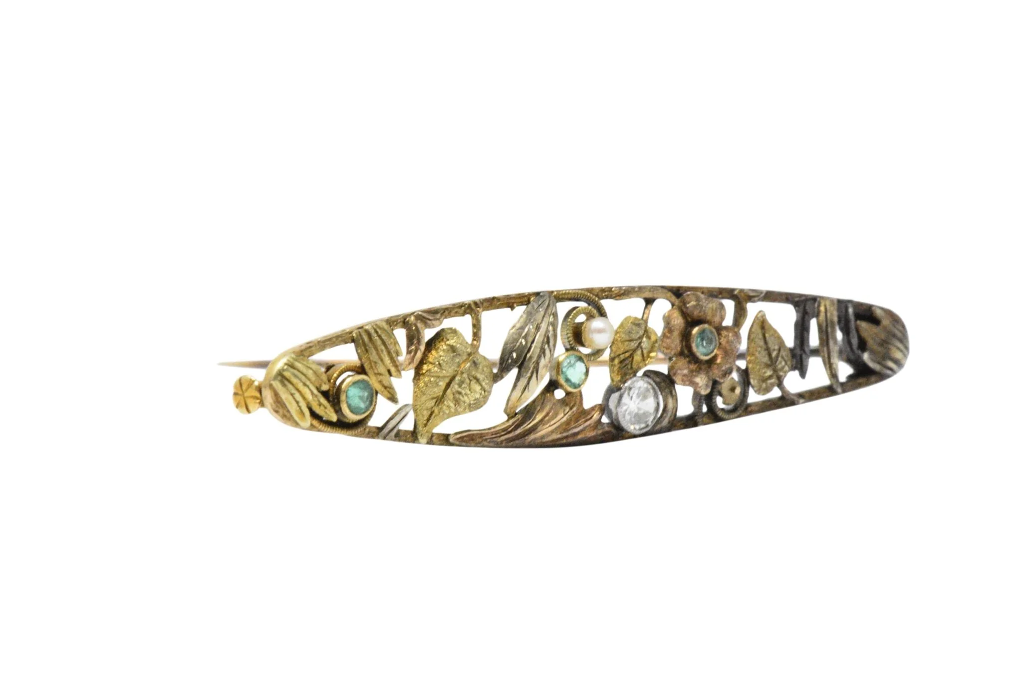 Art Nouveau Diamond, Emerald & Pearl 14K Tri-Color Gold Bar Brooch - Image 4