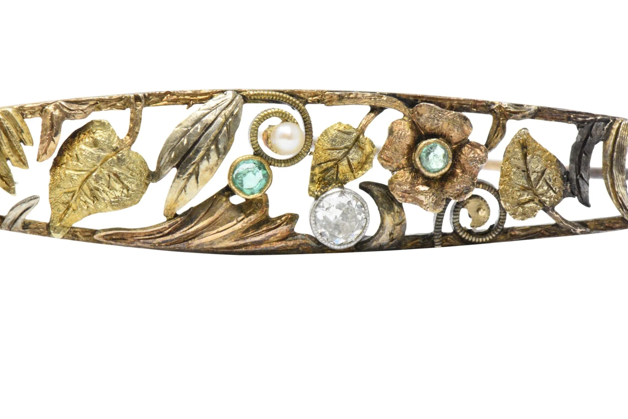 Art Nouveau Diamond, Emerald & Pearl 14K Tri-Color Gold Bar Brooch - Image 5