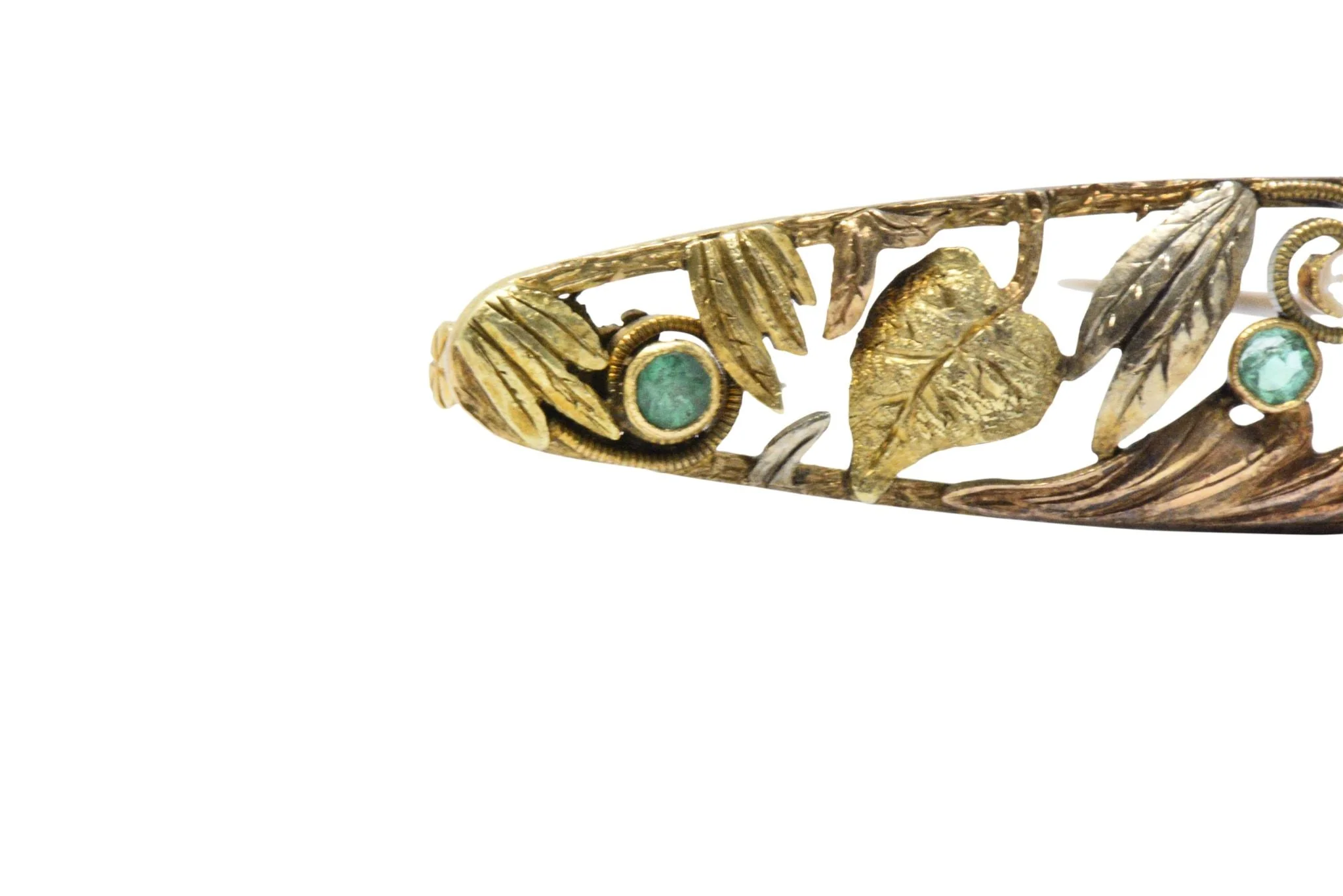 Art Nouveau Diamond, Emerald & Pearl 14K Tri-Color Gold Bar Brooch - Image 6