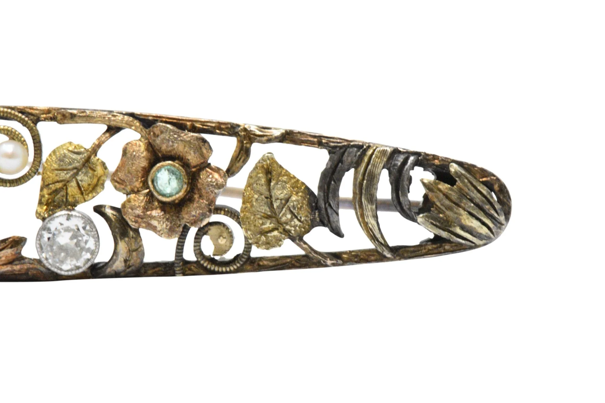 Art Nouveau Diamond, Emerald & Pearl 14K Tri-Color Gold Bar Brooch - Image 7