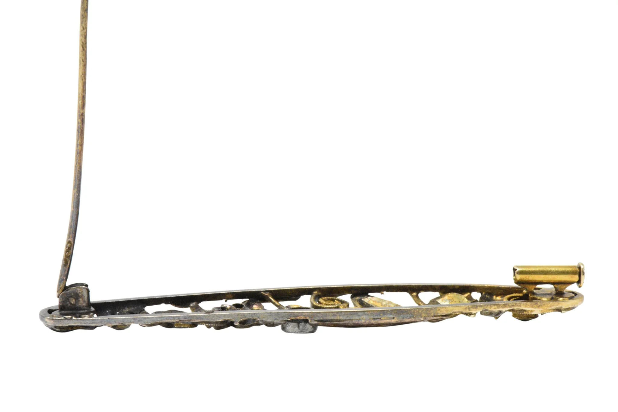 Art Nouveau Diamond, Emerald & Pearl 14K Tri-Color Gold Bar Brooch - Image 8