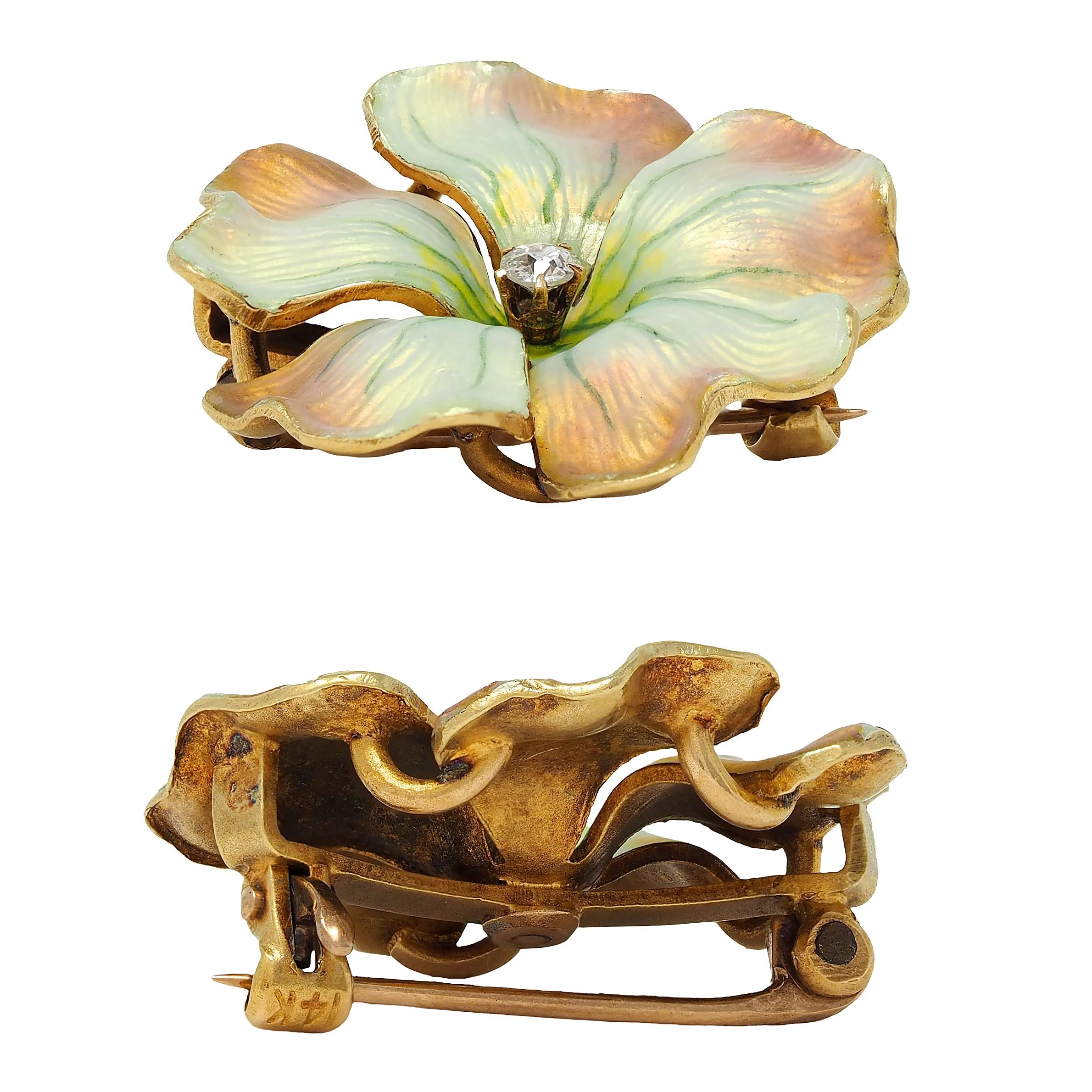 Art Nouveau Diamond Enamel 14 Karat Gold Antique Flower Brooch - Image 5