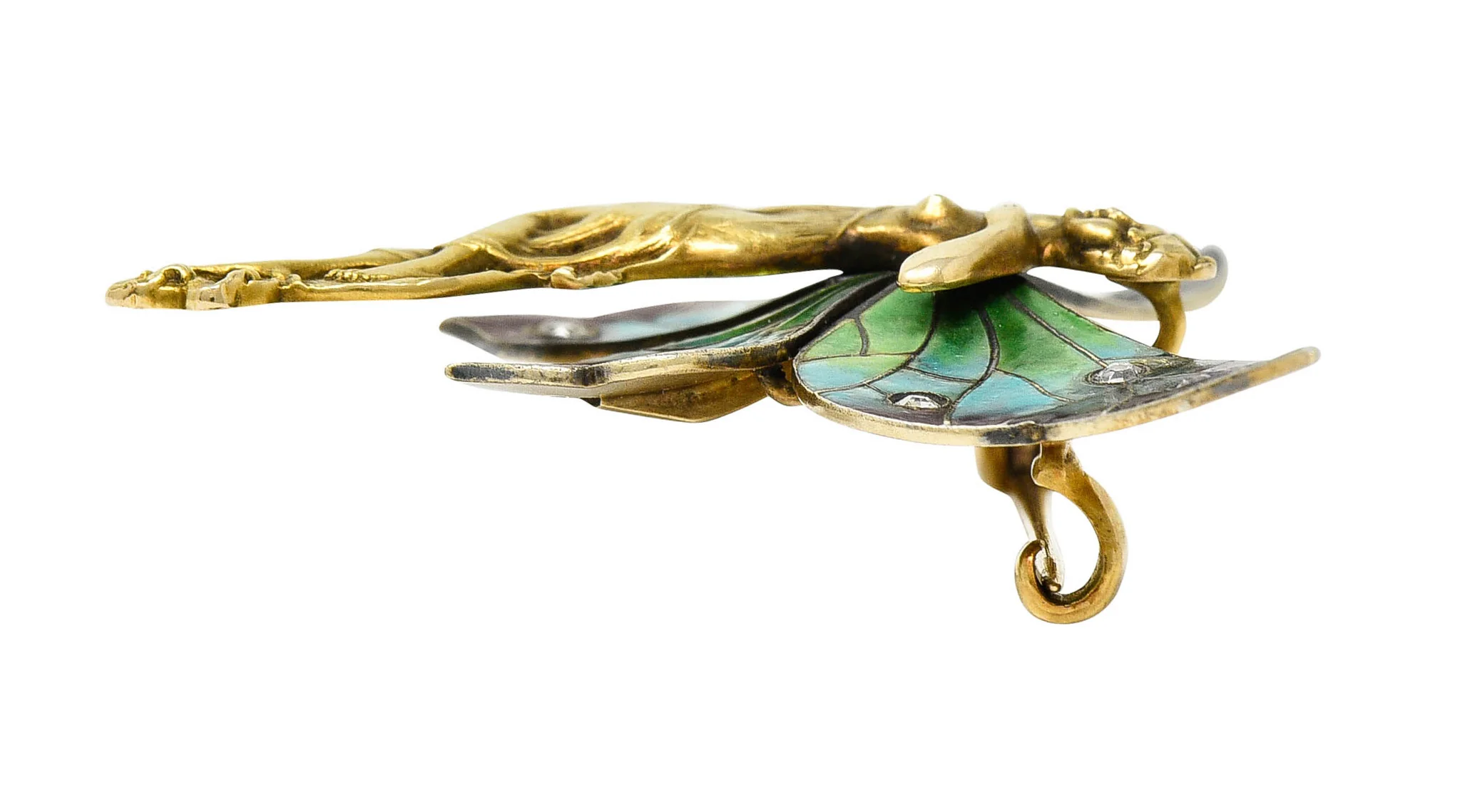 Art Nouveau Diamond Enamel 14 Karat Gold Fairy Antique Brooch - Image 11