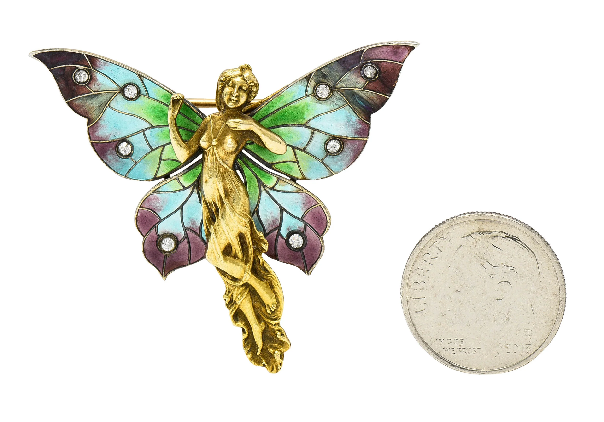 Art Nouveau Diamond Enamel 14 Karat Gold Fairy Antique Brooch - Image 13