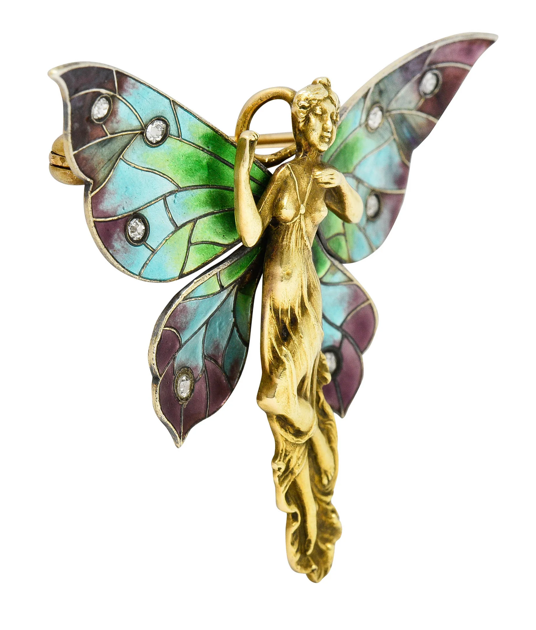 Art Nouveau Diamond Enamel 14 Karat Gold Fairy Antique Brooch - Image 3