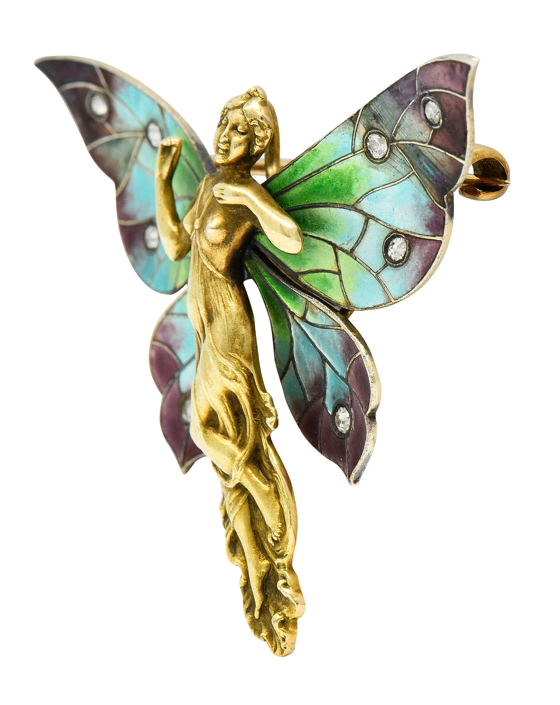 Art Nouveau Diamond Enamel 14 Karat Gold Fairy Antique Brooch - Image 5