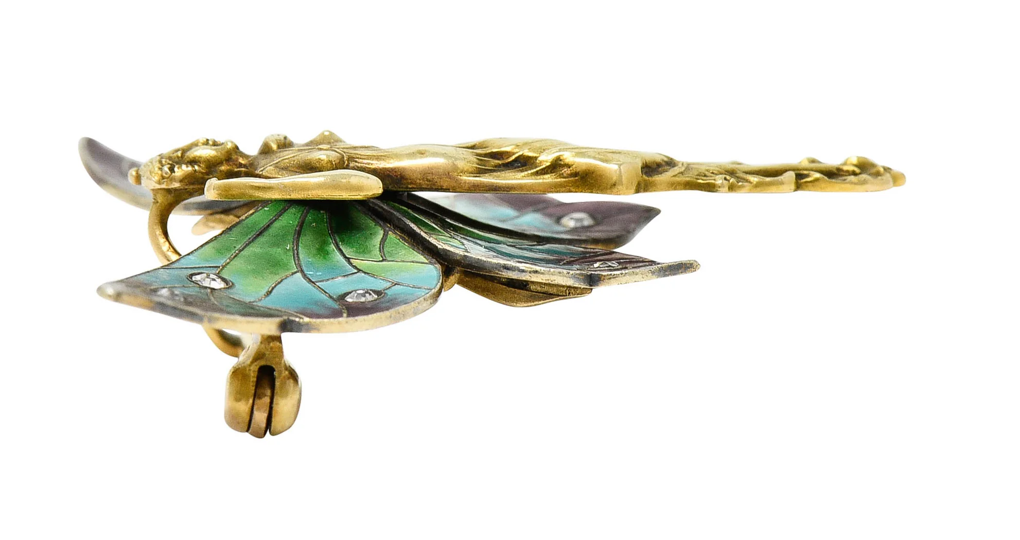 Art Nouveau Diamond Enamel 14 Karat Gold Fairy Antique Brooch - Image 9