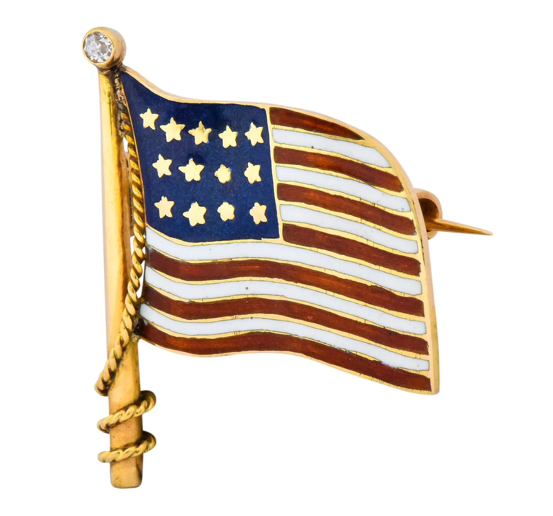 Art Nouveau Diamond Enamel 14 Karat Gold United States Patriotic Flag Pin - Image 2