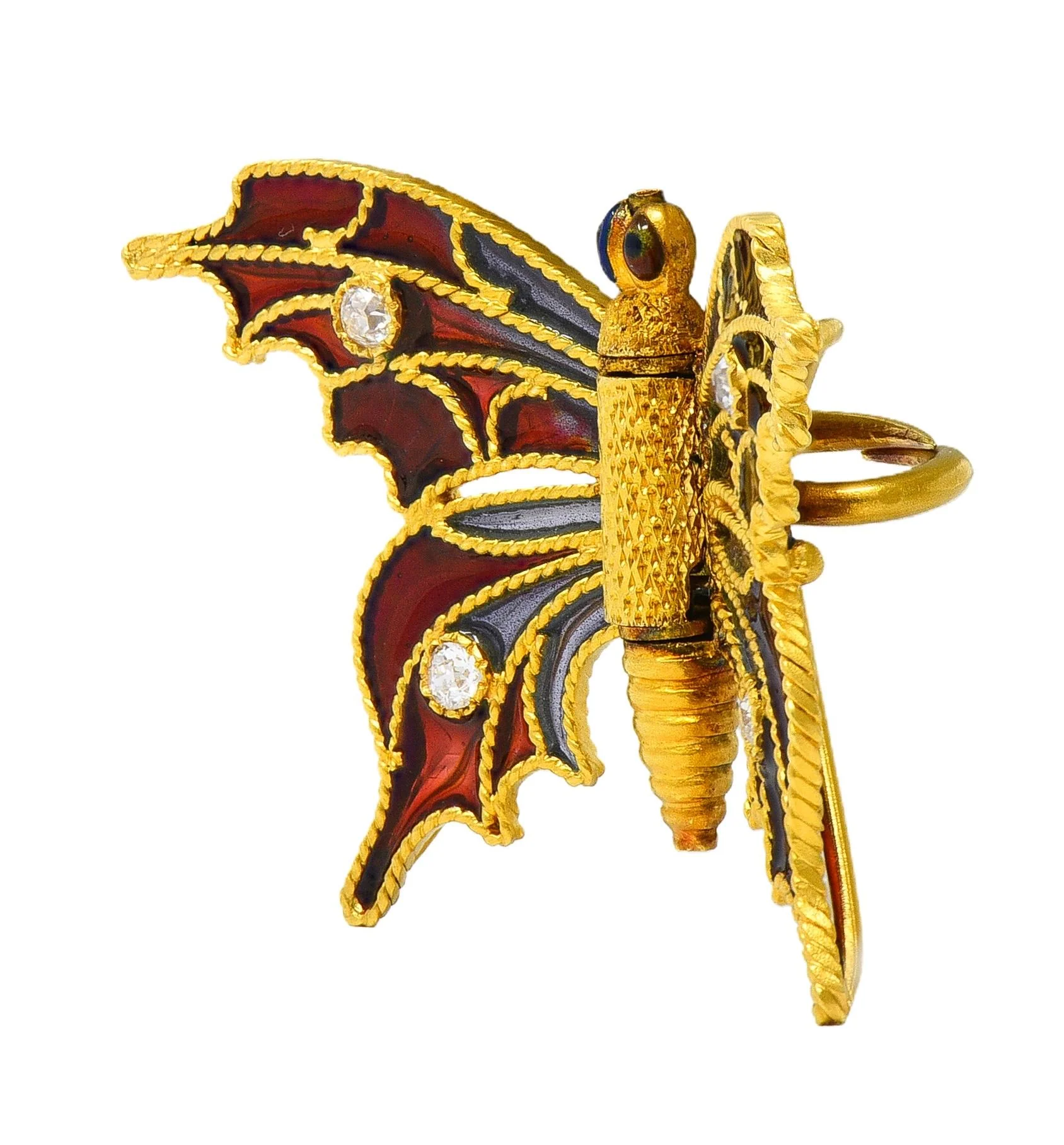 Art Nouveau Diamond Enamel 14 Karat Yellow Gold Antique Butterfly Clip Brooch - Image 3