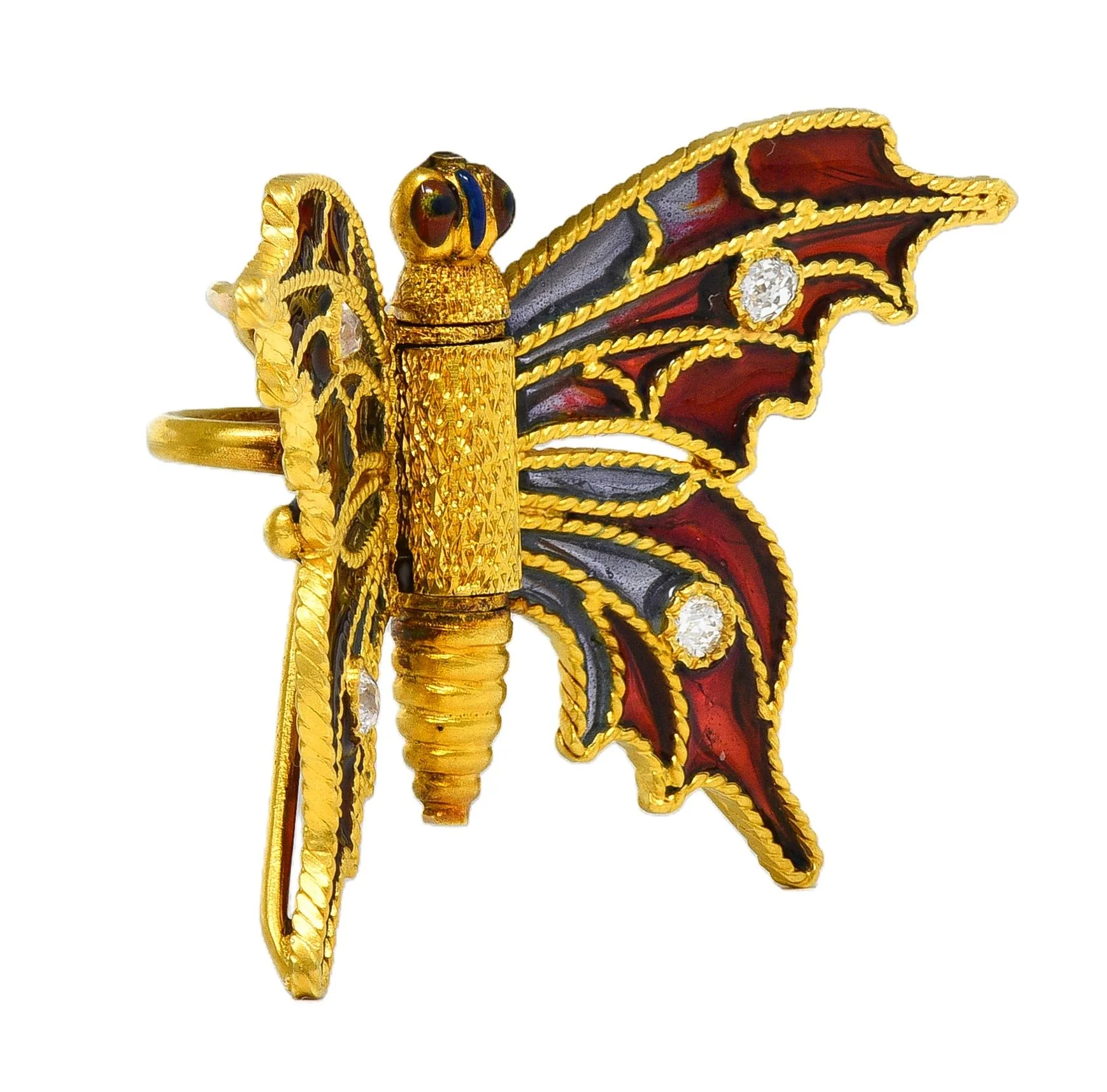 Art Nouveau Diamond Enamel 14 Karat Yellow Gold Antique Butterfly Clip Brooch - Image 6