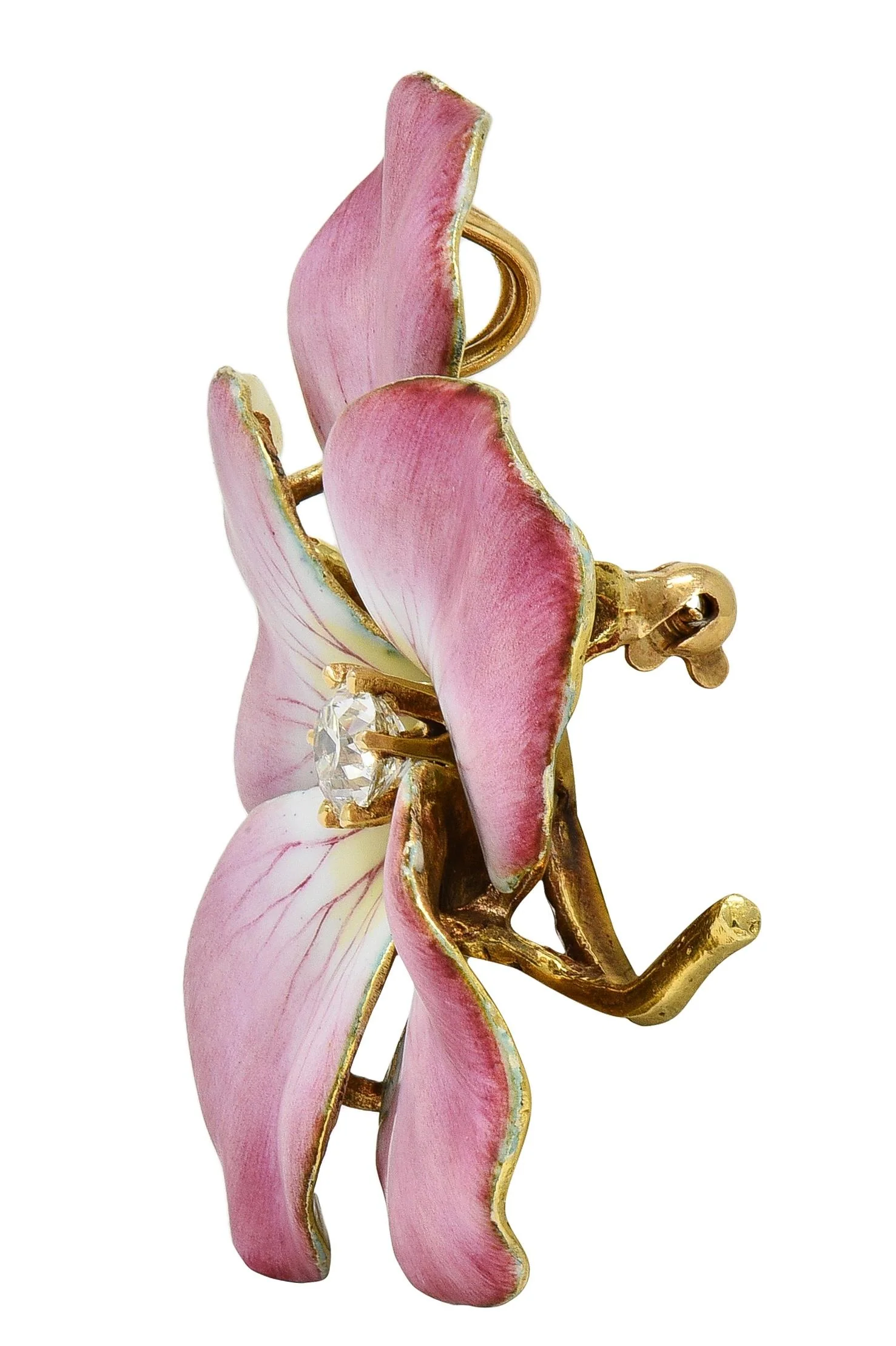 Art Nouveau Diamond Enamel 14 Karat Yellow Gold Antique Flower Pendant Brooch - Image 3