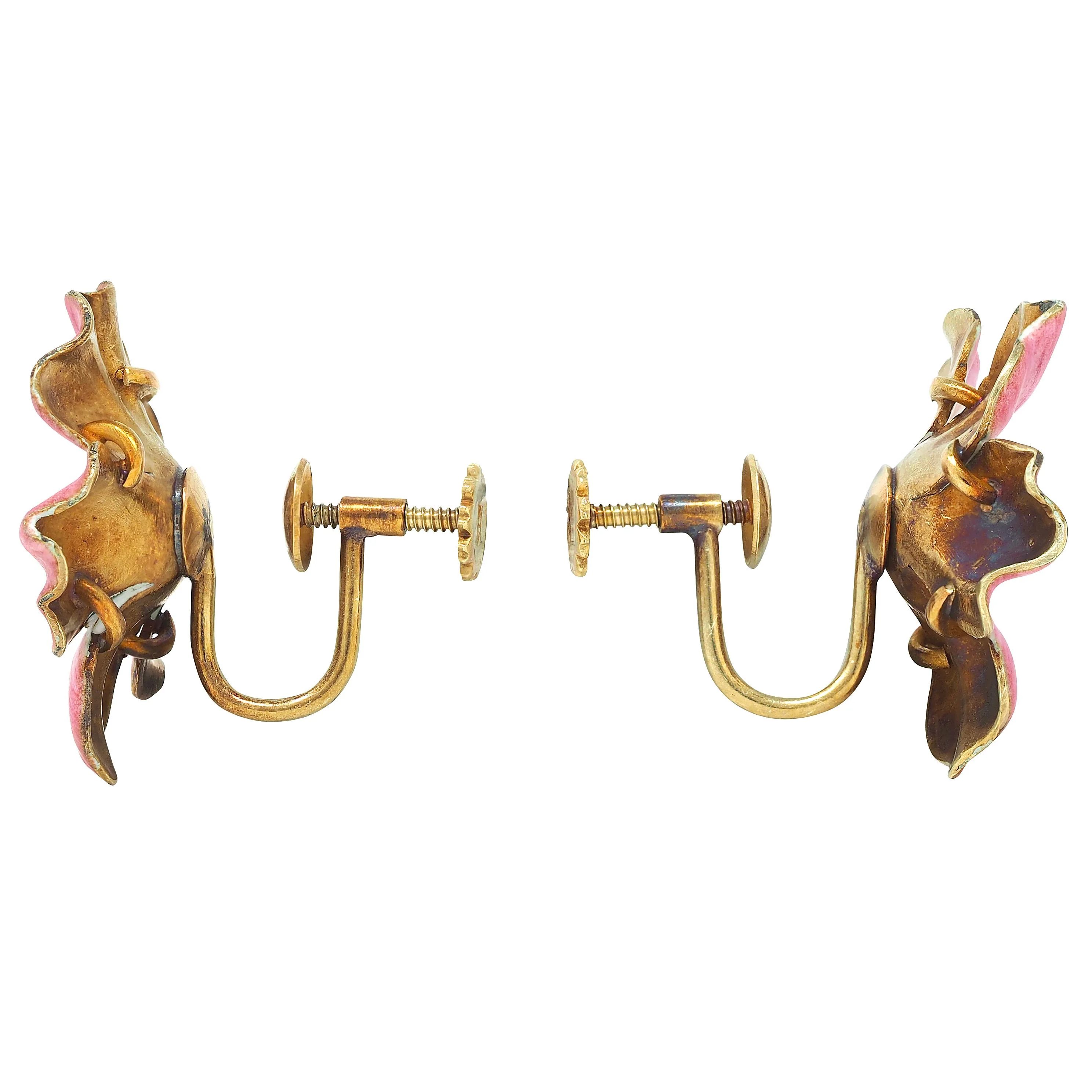 Art Nouveau Diamond Enamel 14 Karat Yellow Gold Antique Painted Flower Screw-Back Earrings - Image 5