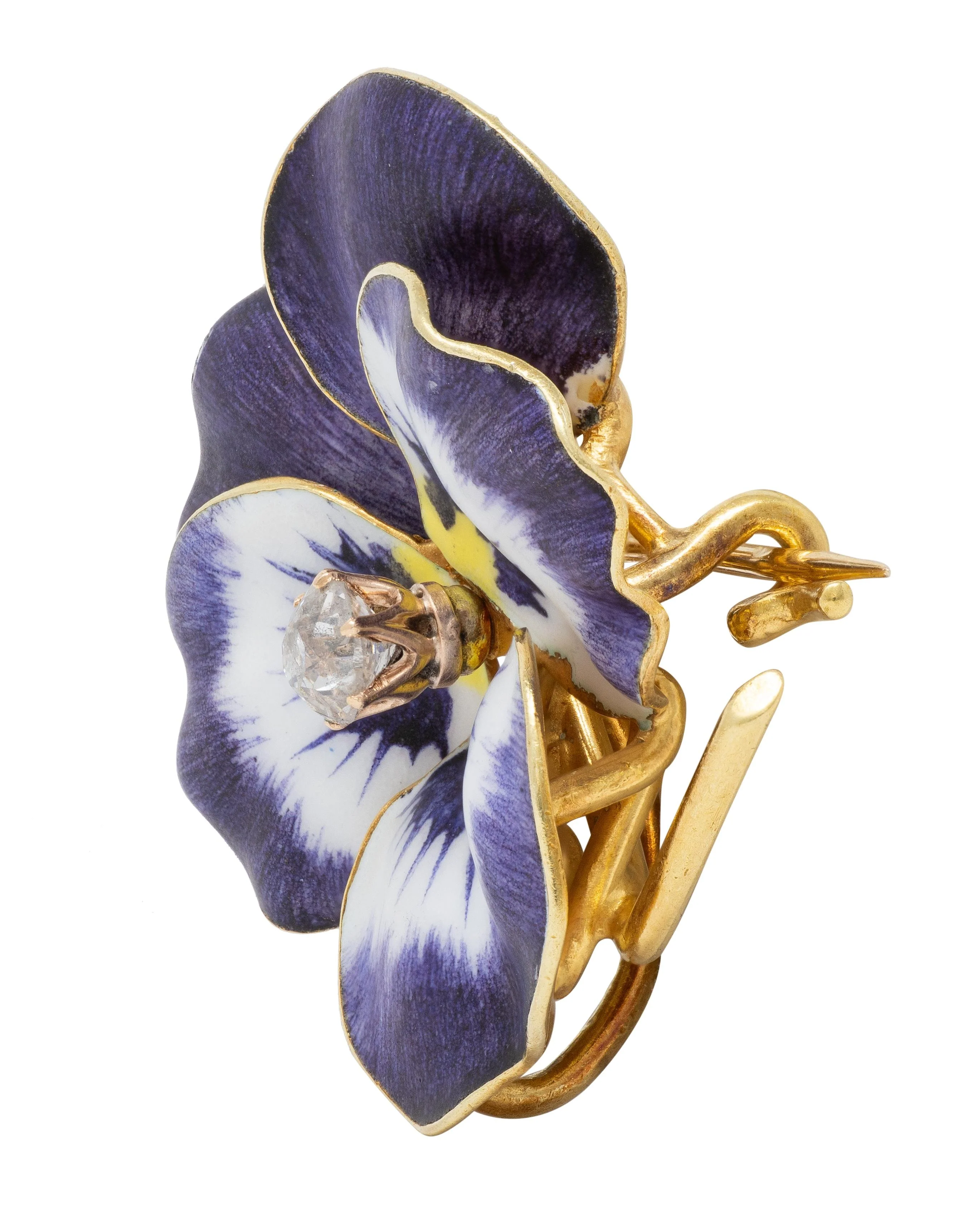 Art Nouveau Diamond Enamel 14 Karat Yellow Gold Pansy Flower Antique Pendant Brooch - Image 4