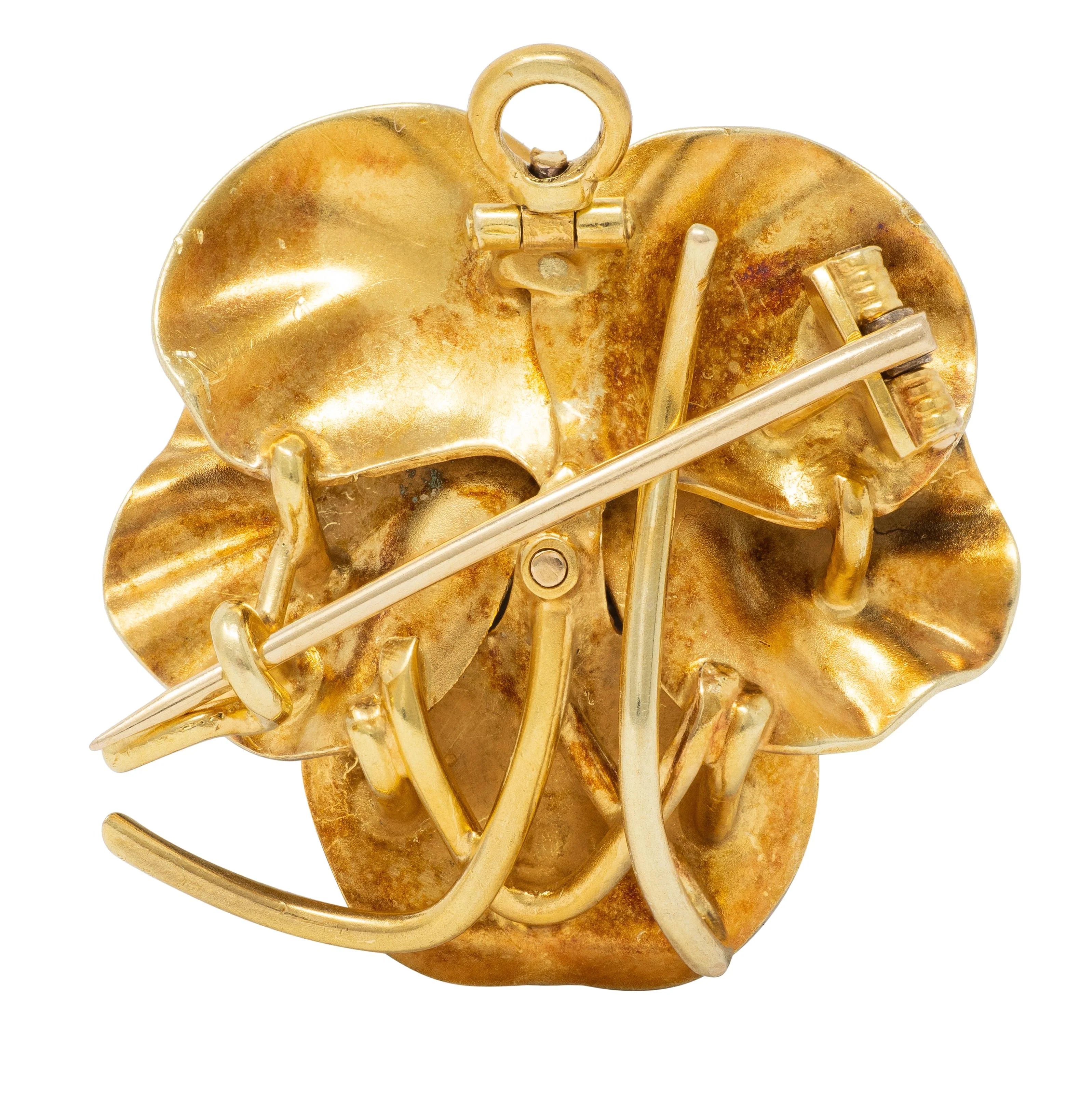 Art Nouveau Diamond Enamel 14 Karat Yellow Gold Pansy Flower Antique Pendant Brooch - Image 6